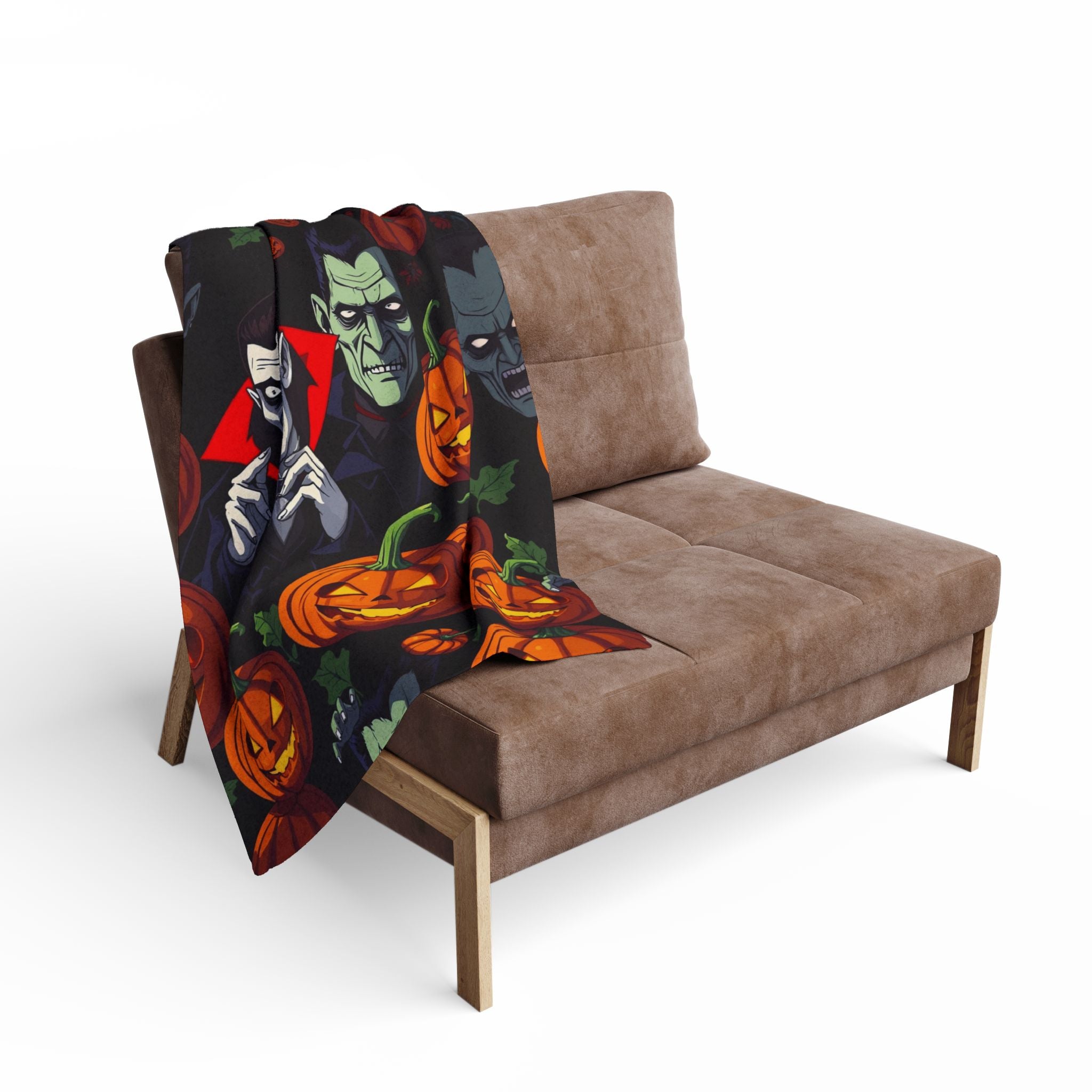 Halloween themed blanket with Dracula, Frankenstein and pumpkin lanterns draped over a brown sofa.