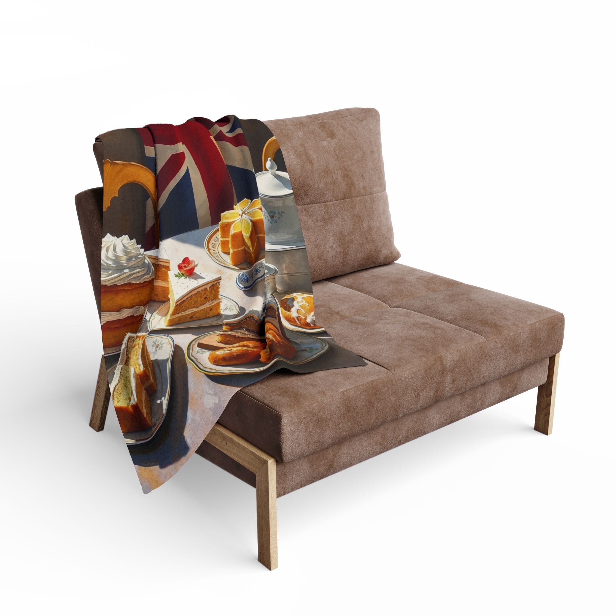 Brown sofa with a decorative blanket featuring a British-themed tea party with cakes