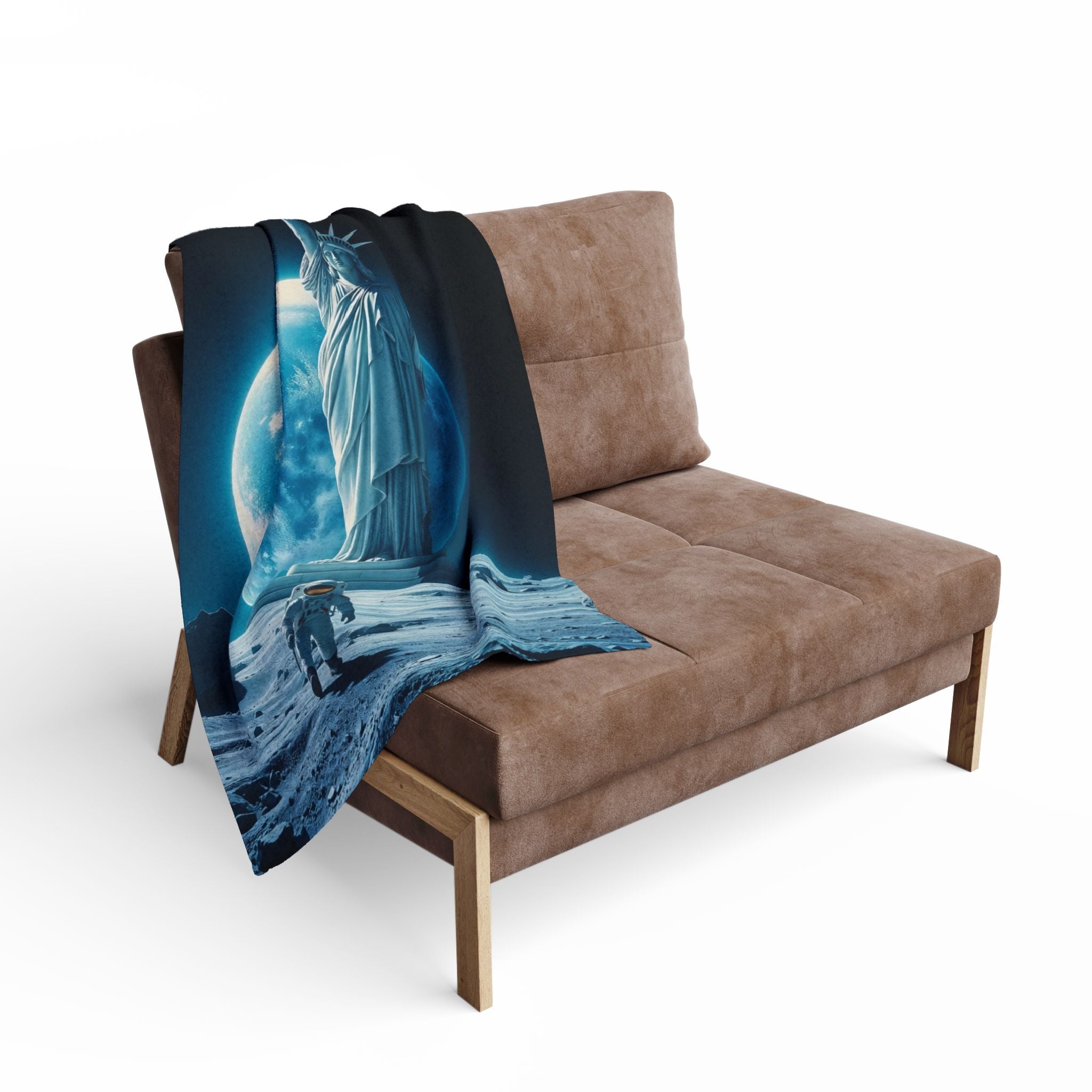Brown sofa with a fleece blanket draped over it featuring the statue of liberty and an astronaut on the moon.