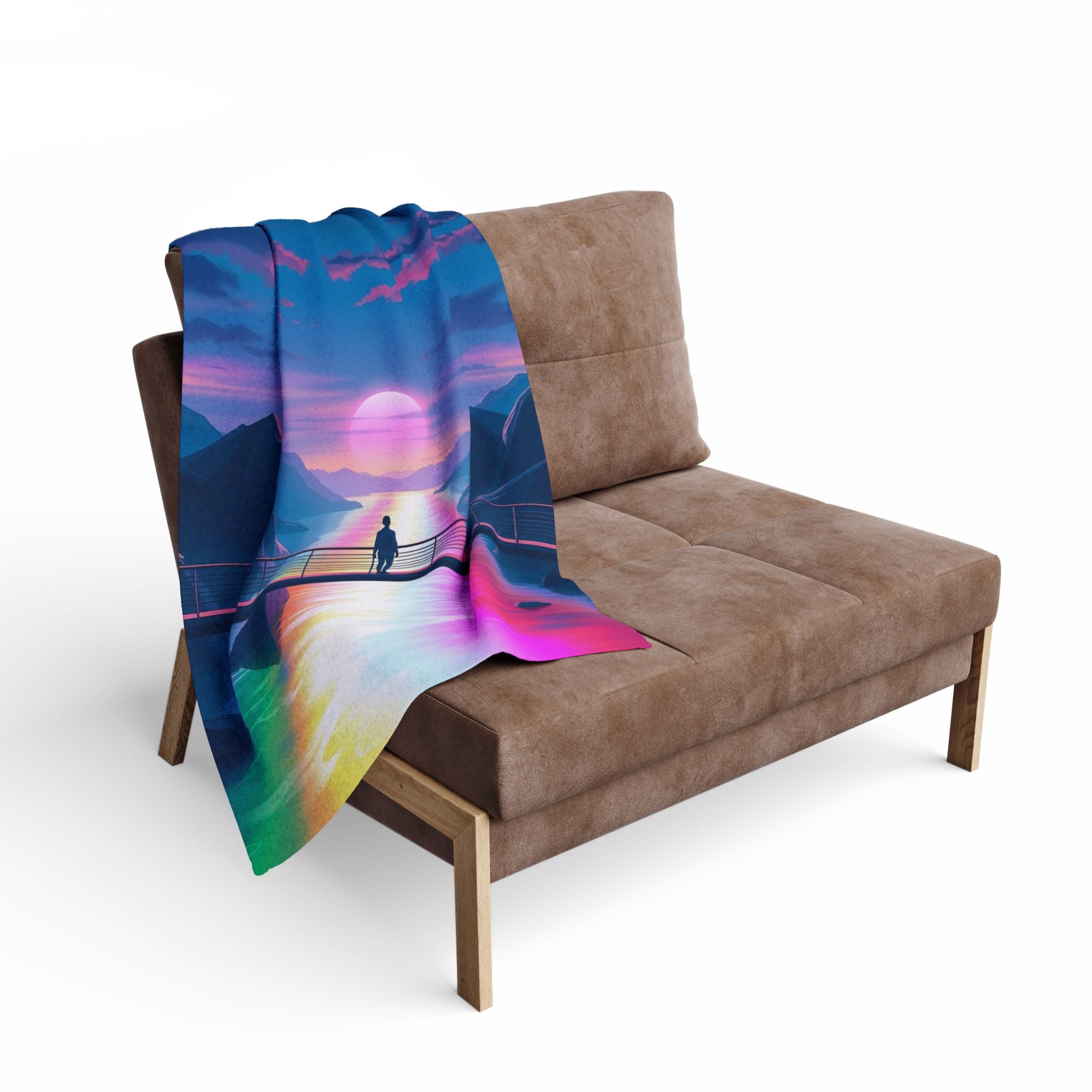 Colorful blanket with a rainbow sunset design draped over a brown sofa.