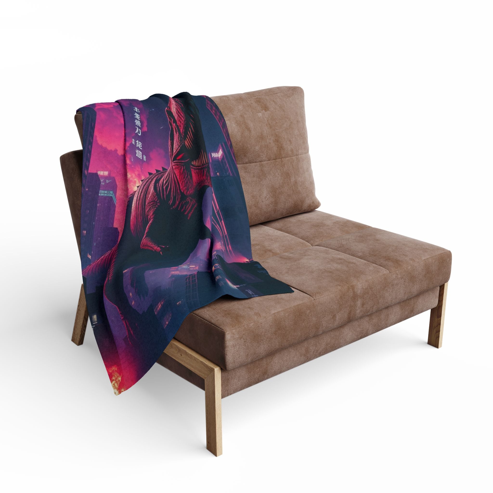Colorful blanket with a futuristic design featuring T-Rex in Tokyo Japan draped over a brown sofa on a white background.