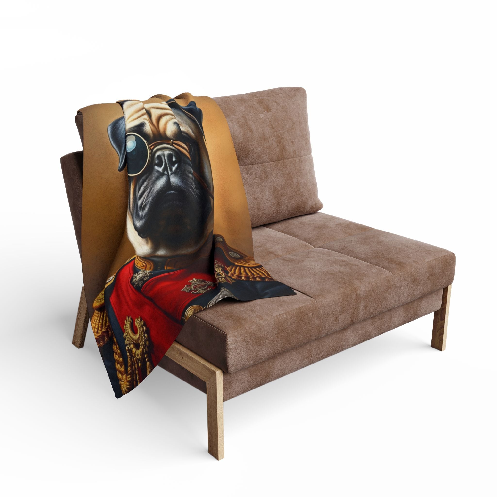 Brown sofa with a decorative blanket featuring a pug dog in regal army attire on a white background.