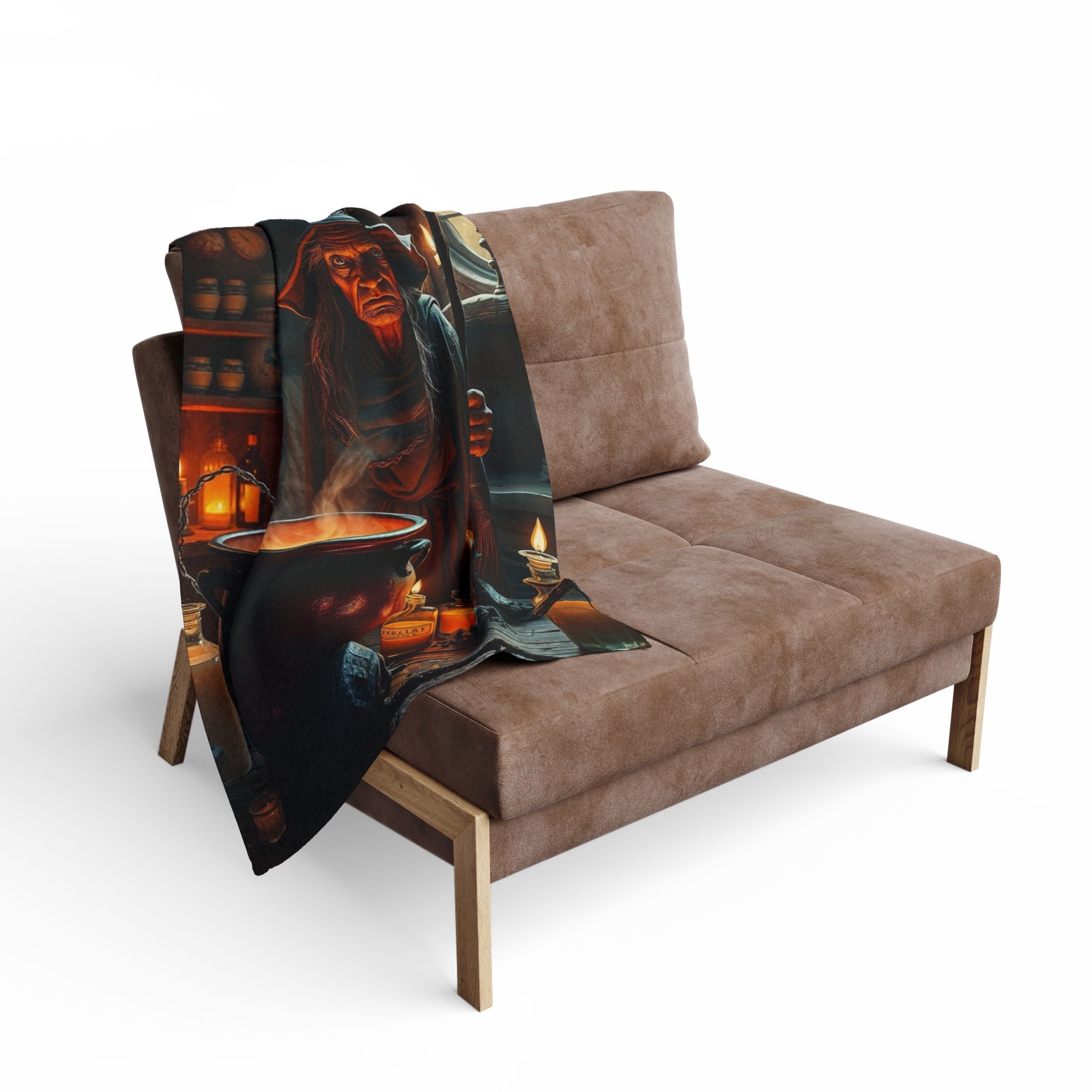 Brown sofa with a decorative blanket featuring a fantasy halloween witch design on a white background.