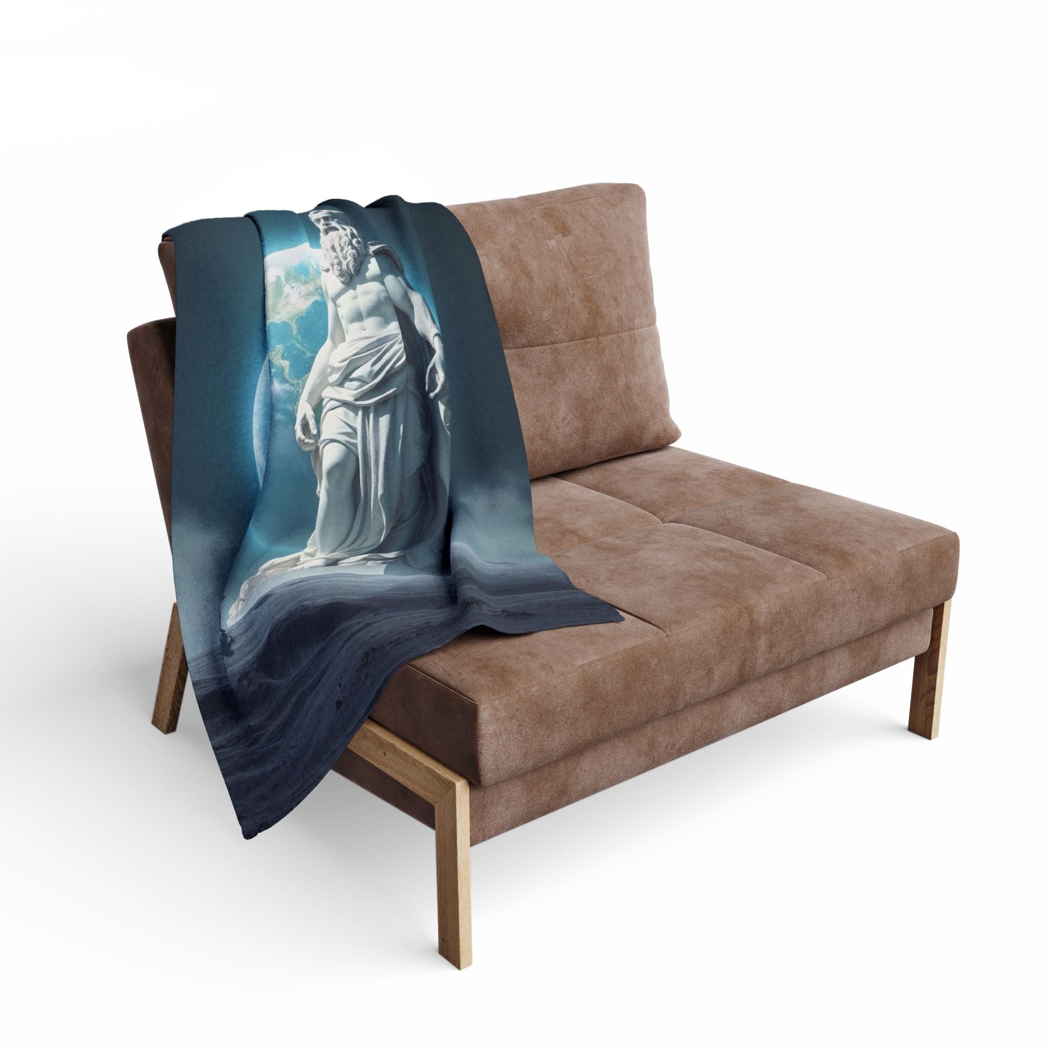 Fleece blanket with a statue of ancient greek god zeus on the moon with an astronaut design draped over a brown sofa on a white background.
