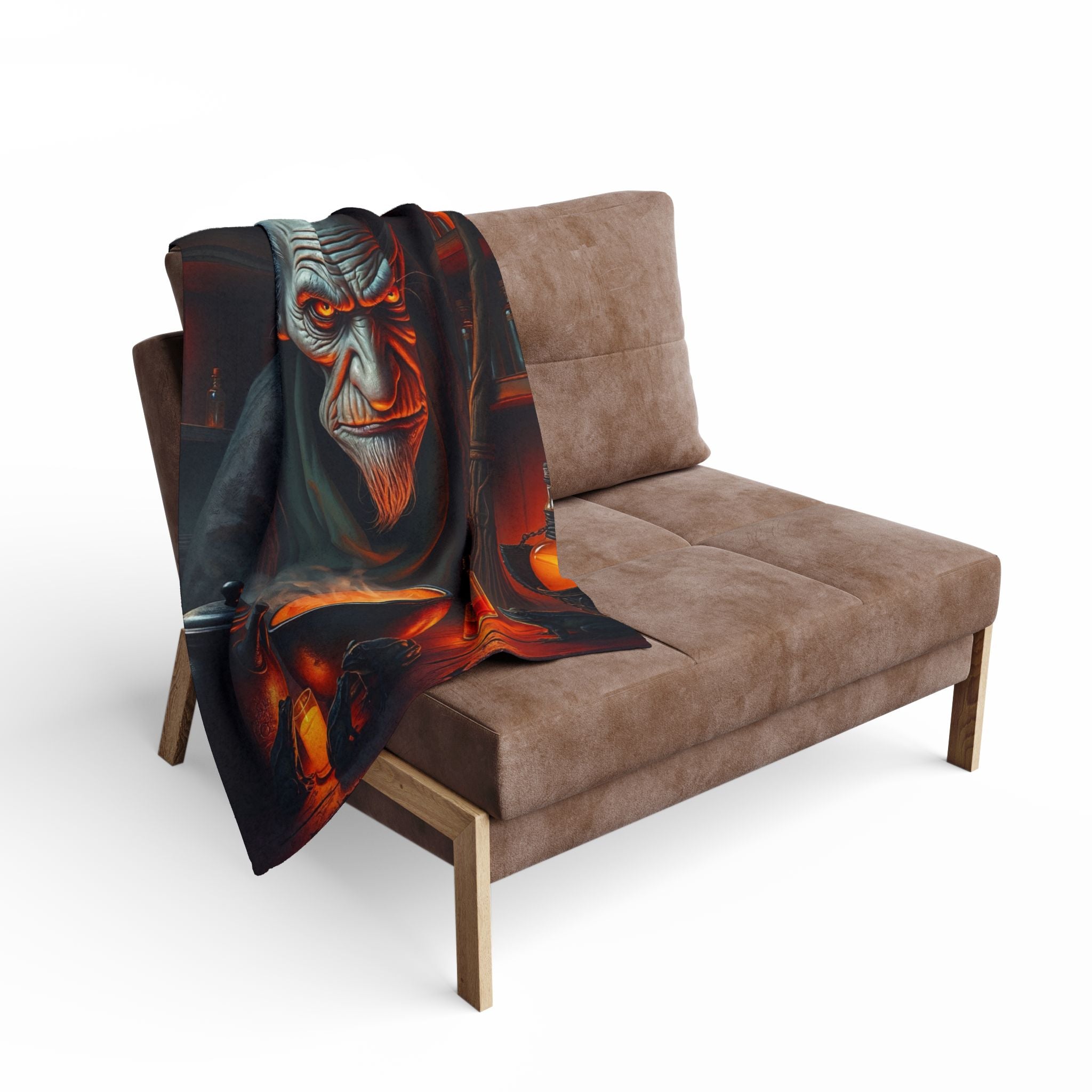 Decorative blanket with a fantasy warlock wizard design draped over a brown sofa.