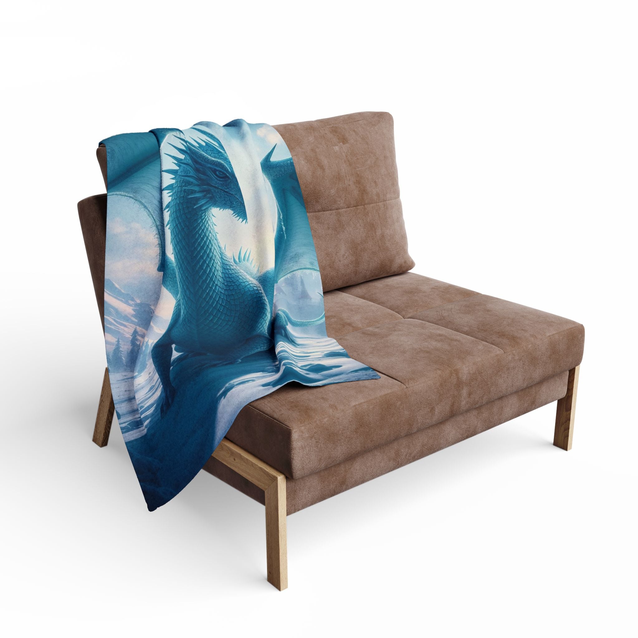 Brown sofa with a fantasy ice dragon patterned blanket draped over it on a white background.