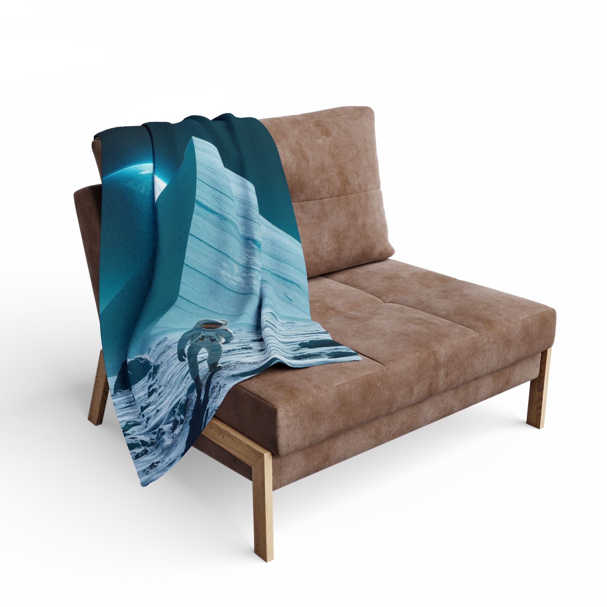 Fleece blanket featuring an ancient pyramid on the moon with an astronaut. in the foreground, draped over a brown sofa with a white background.