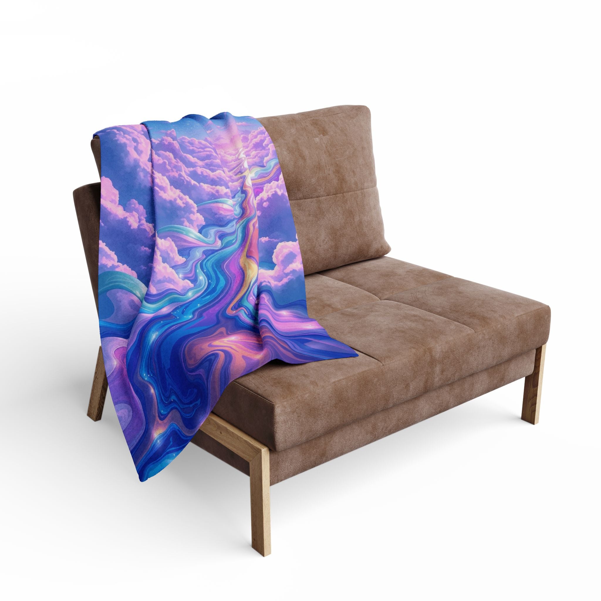 Brown sofa with an abstract rainbow patterned blanket draped over it on a white background.