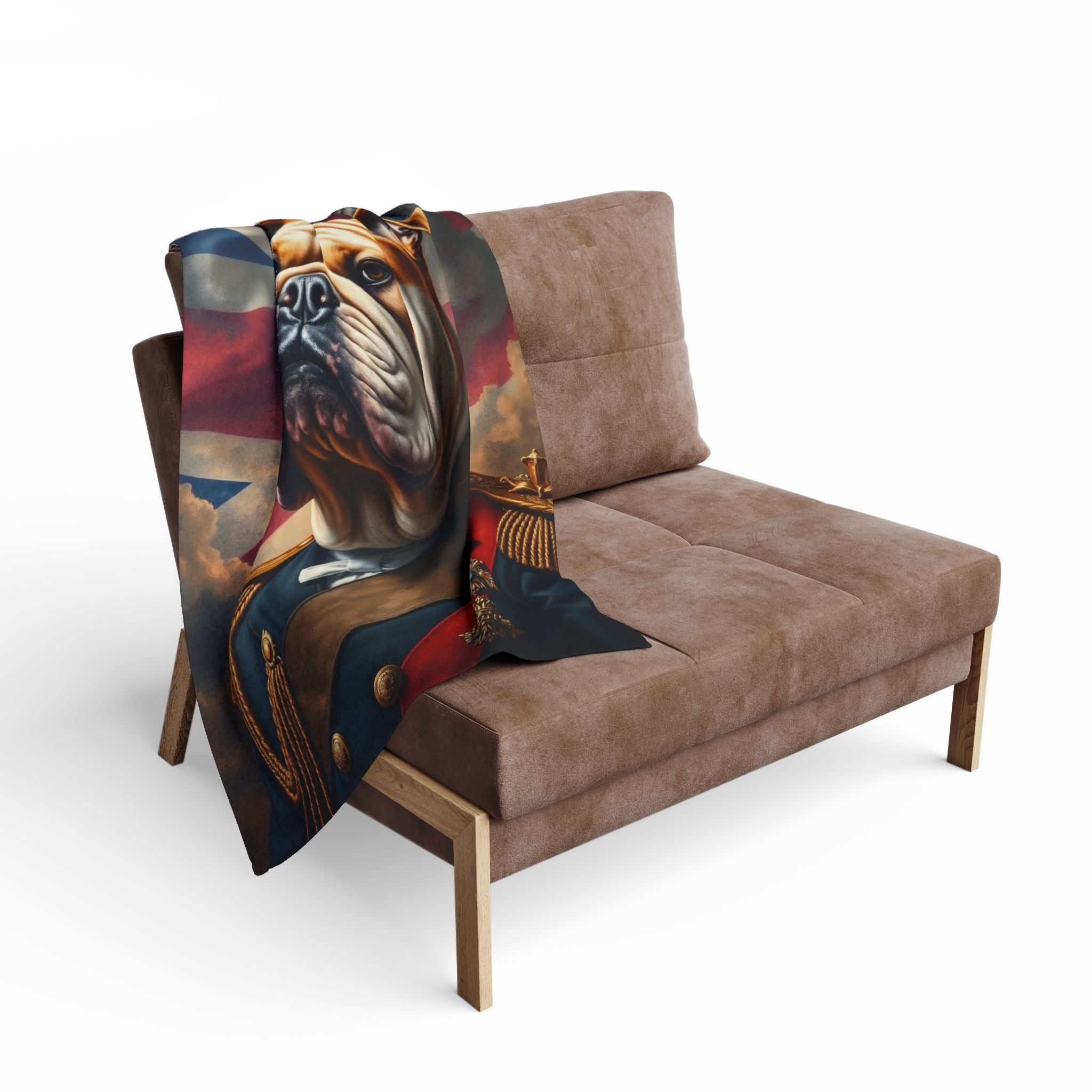 Blanket with a british bulldog wearing a vintage military uniform draped over a brown sofa on a white background.