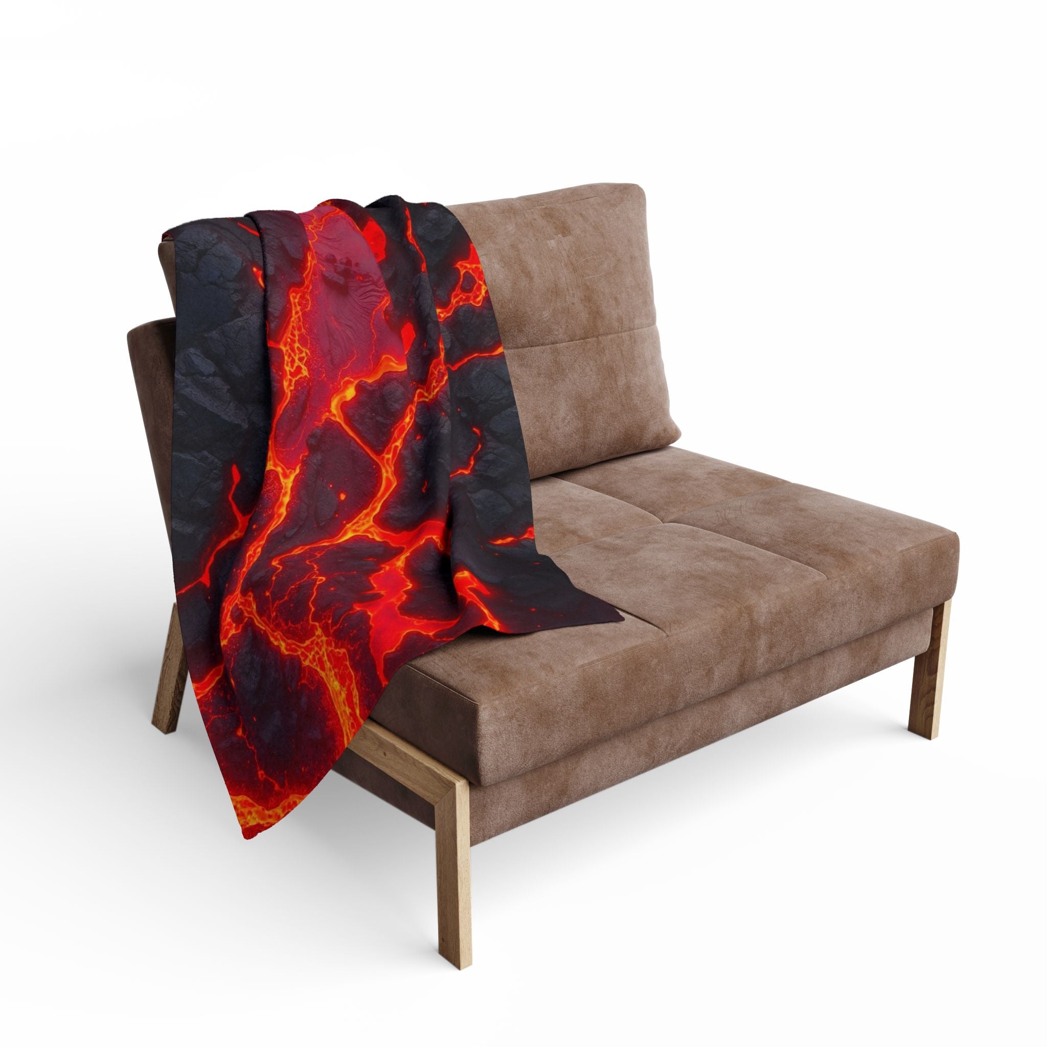 Brown sofa with a lava-themed blanket draped over it on a white background.
