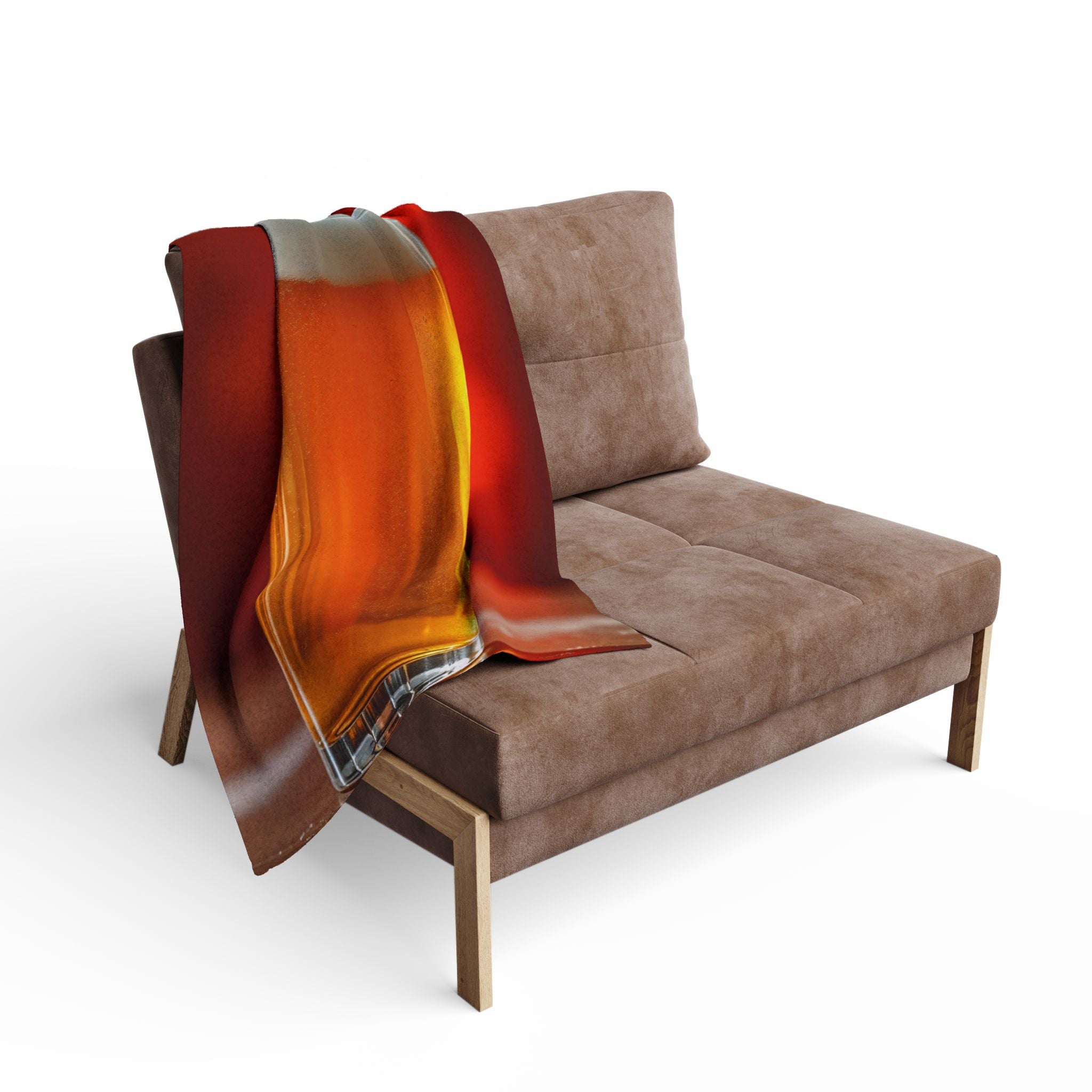 Brown sofa with a colorful blanket draped over it on a white background.