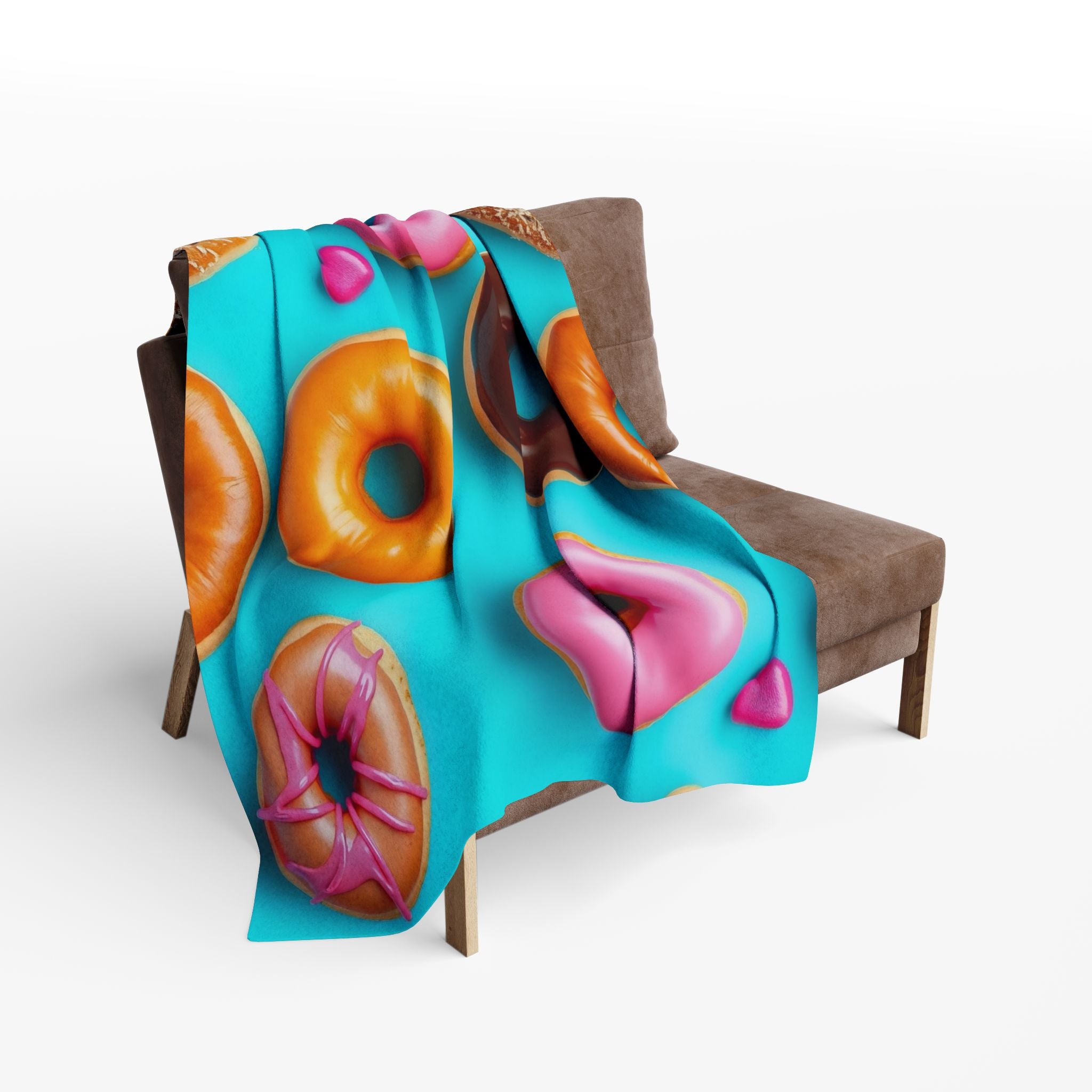 Colourful doughnut-themed blanket draped over a chair on a white background.