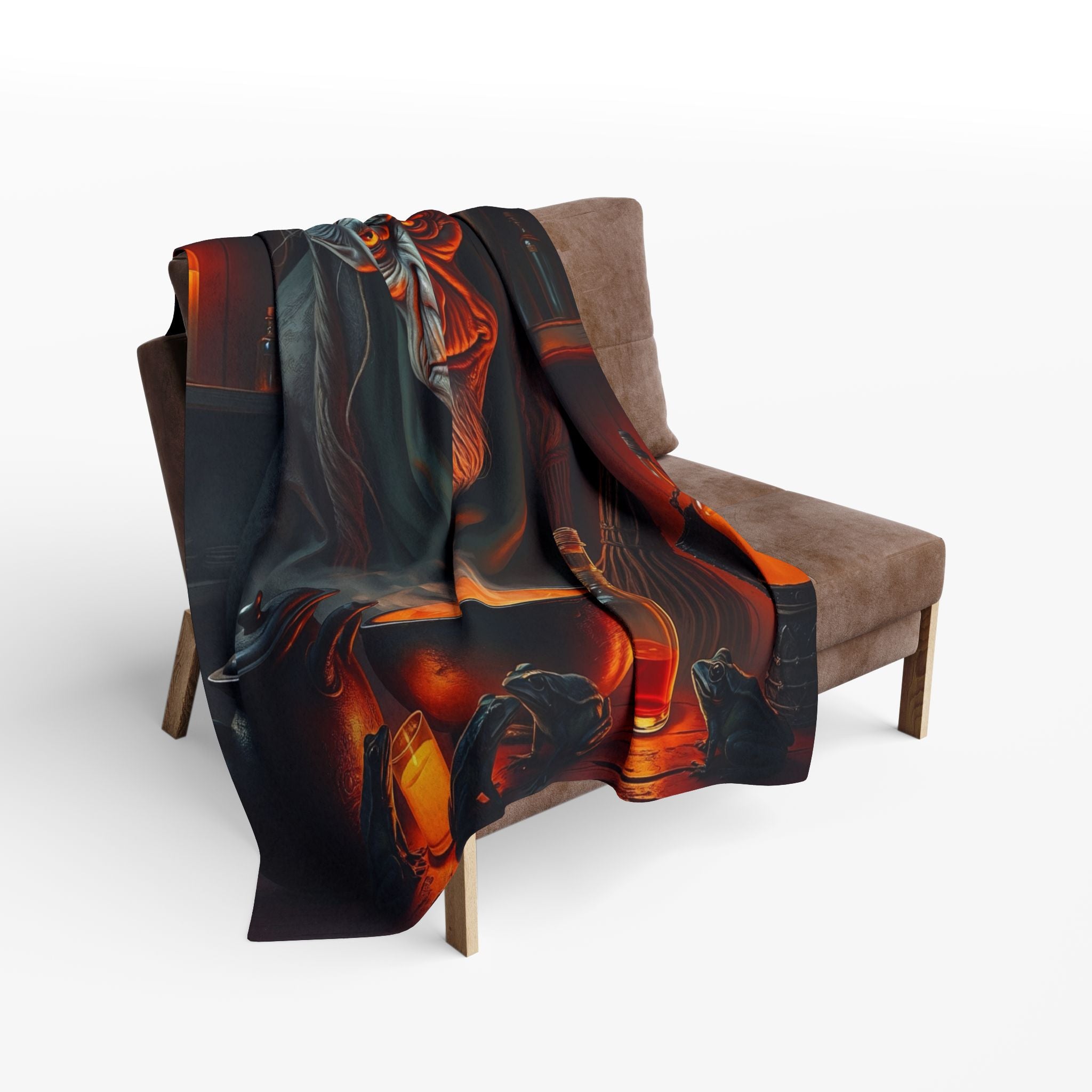Decorative fleece blanket with a warlock wizard design draped over a brown chair on a white background.