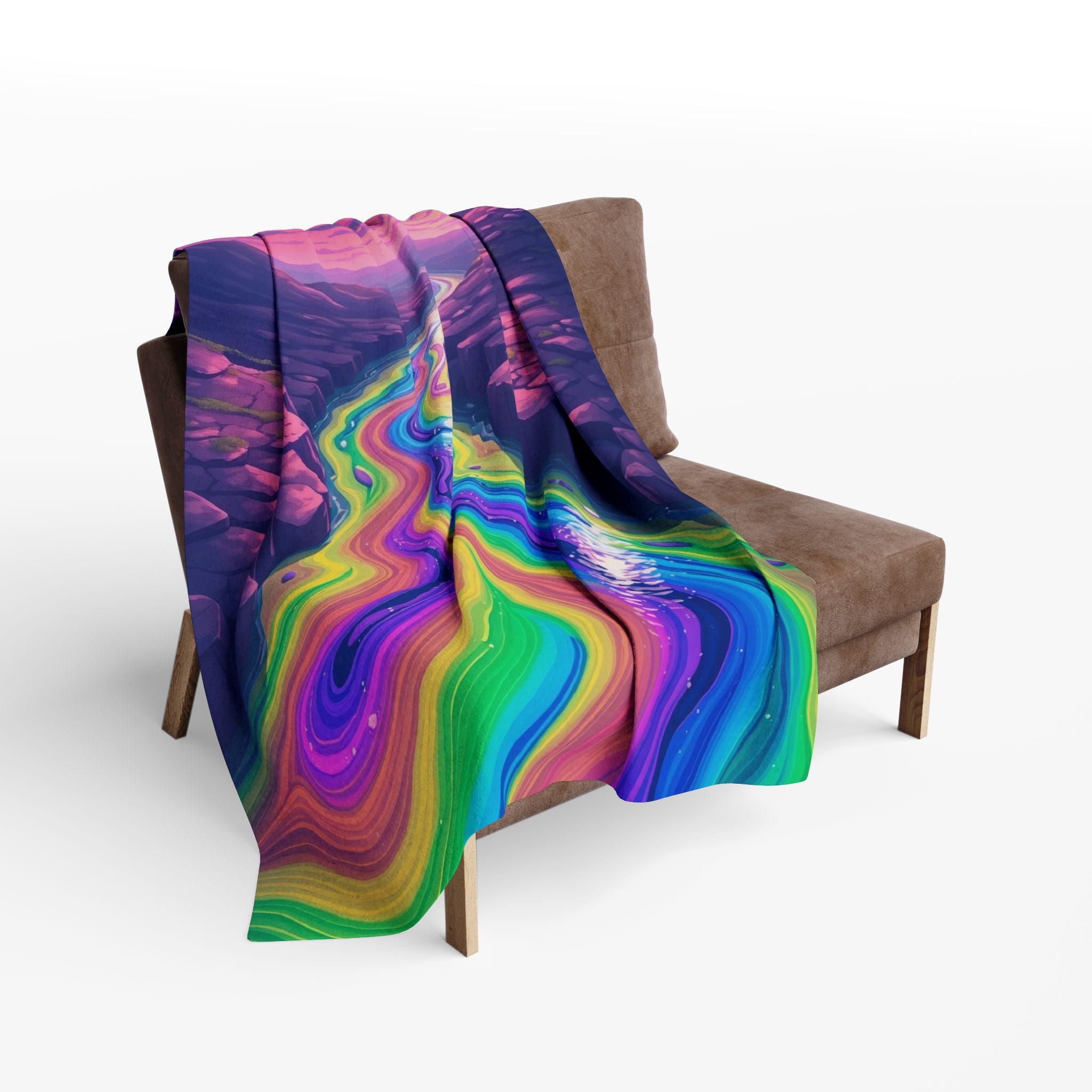 Colorful abstract rainbow patterned blanket draped over a chair on a white background.