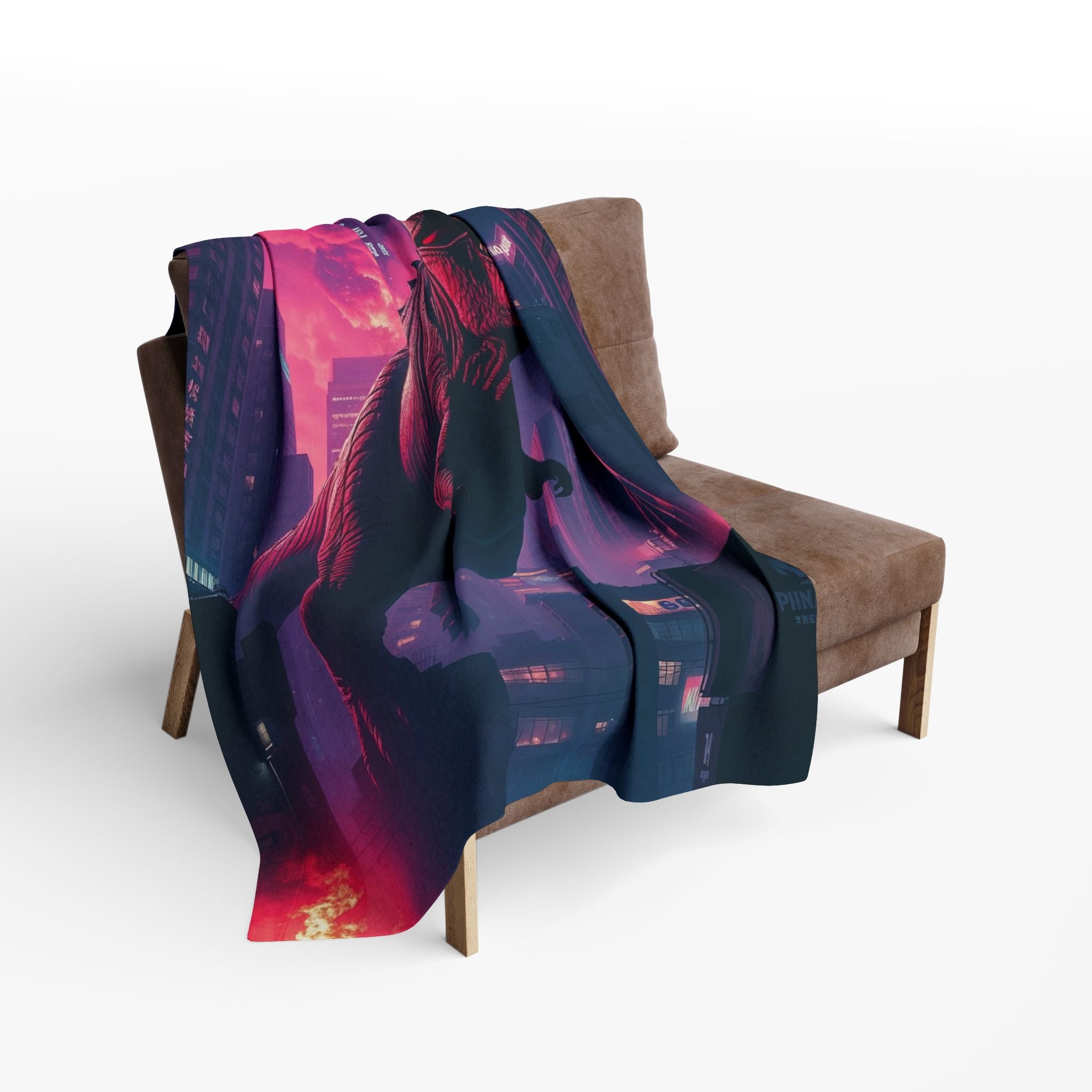Colorful blanket with a futuristic design of T-Rex attacking Tokyo Japan draped over a brown chair on a white background.