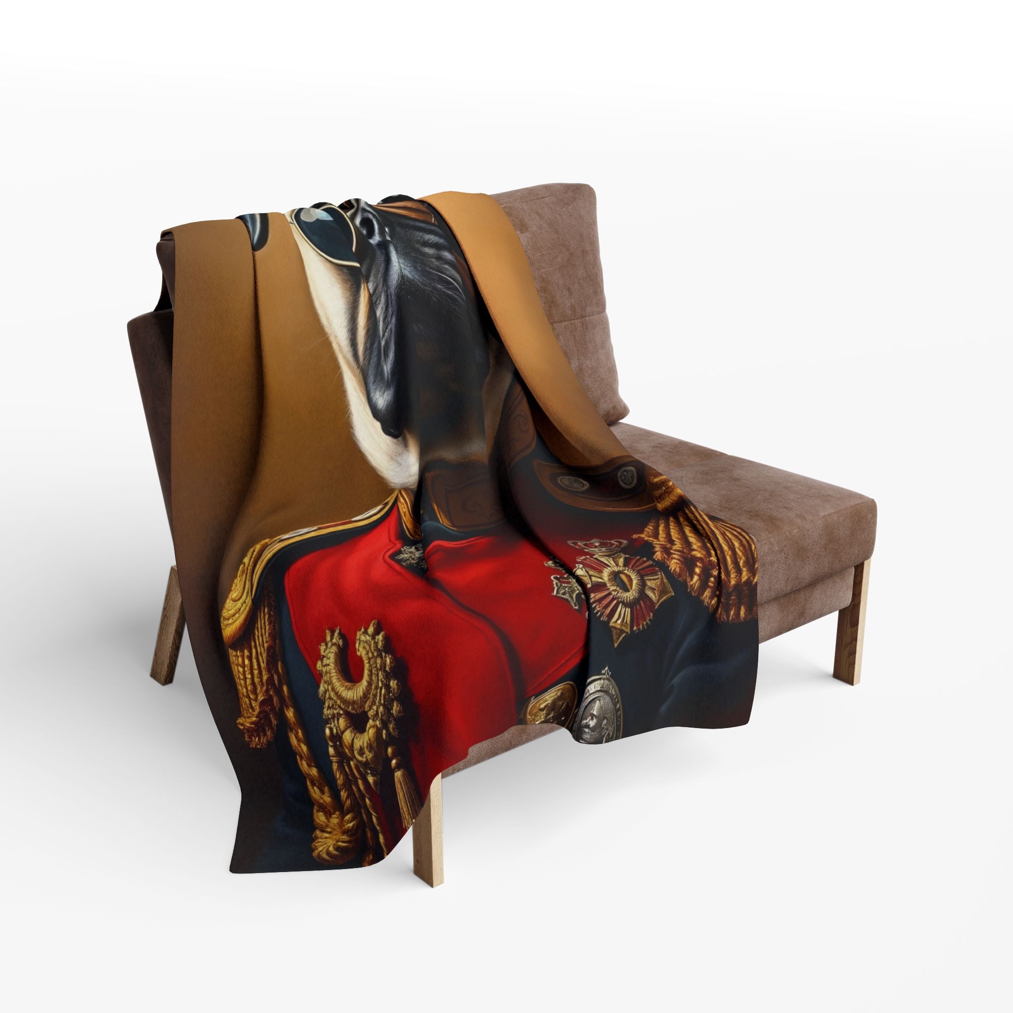 Decorative fleece blanket with a portrait of a pug dog in regal military army clothes over a chair on a white background.