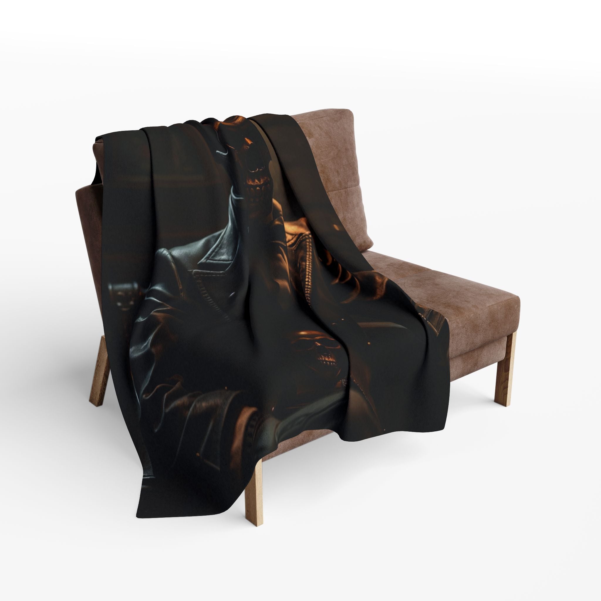 Black gothic skeleton textured blanket draped over a brown chair on a white background.