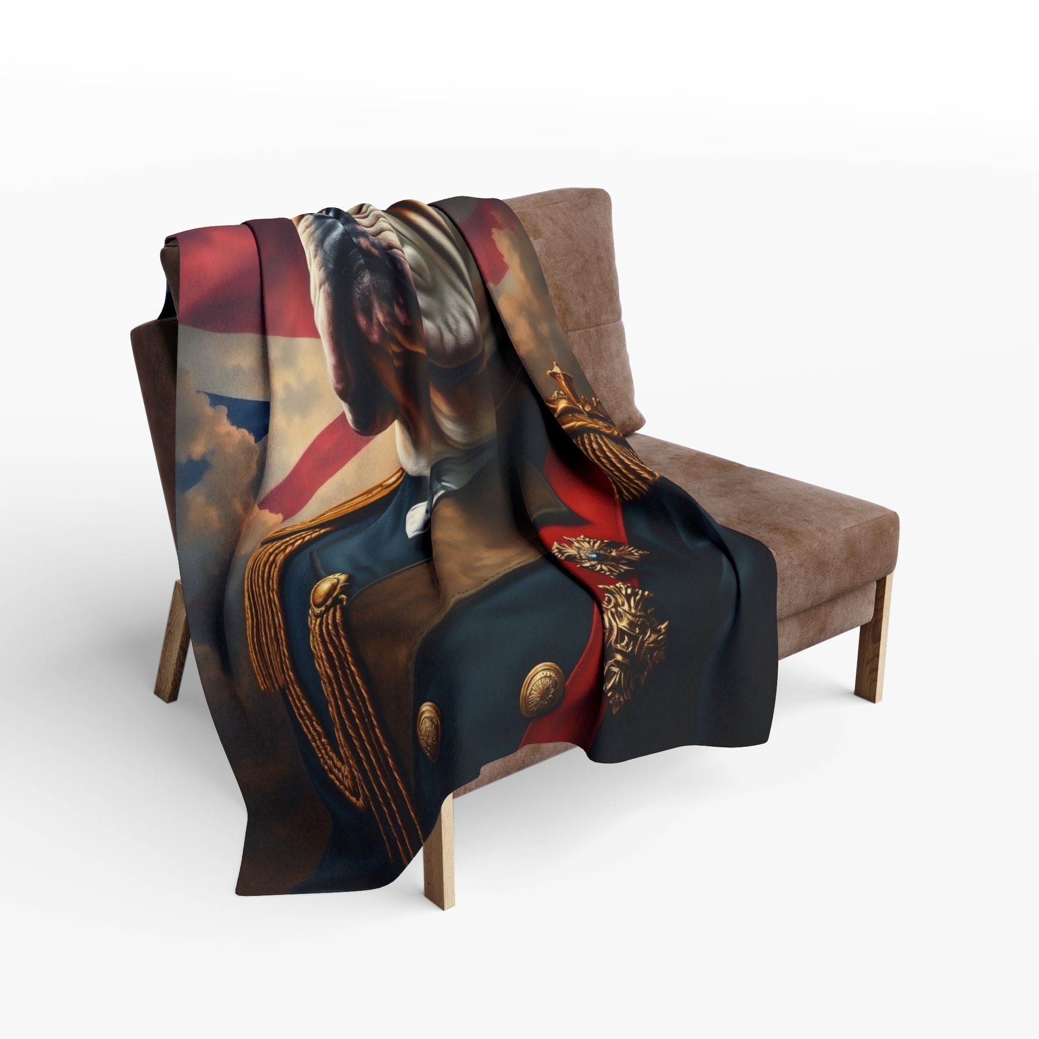 Decorative fleece blanket with a British bulldog wearing an army uniform and Union Jack flag design draped over a brown chair.