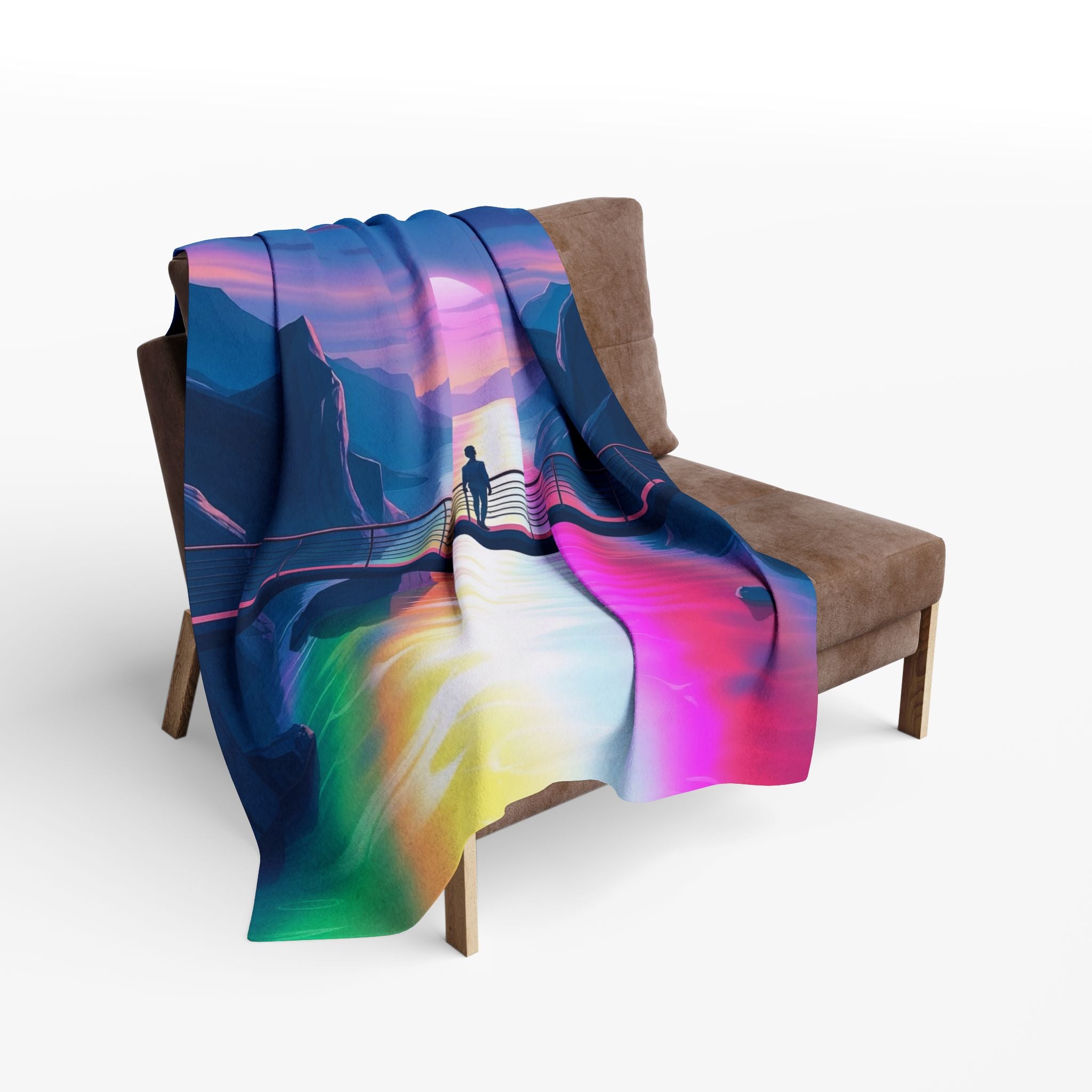 Colorful blanket with a futuristic design draped over a brown chair on a white background.