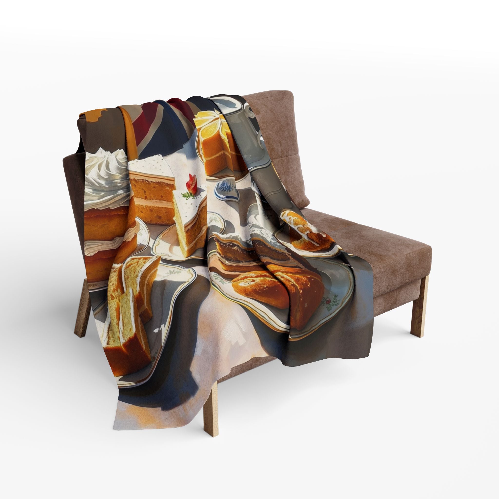 British tea party blanket with cake design draped over a chair on a white background