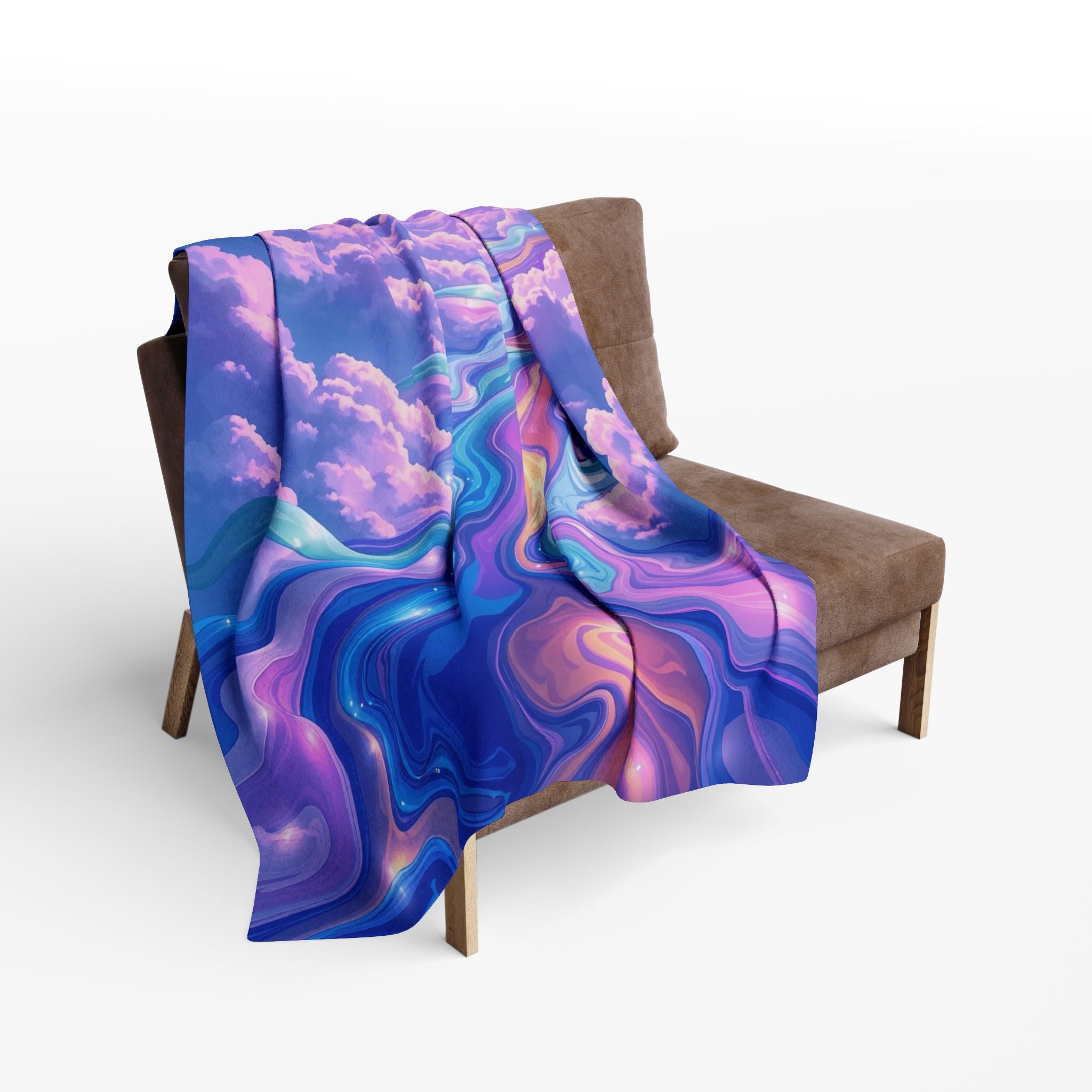 Abstract cloud blanket draped over a chair on a white background.