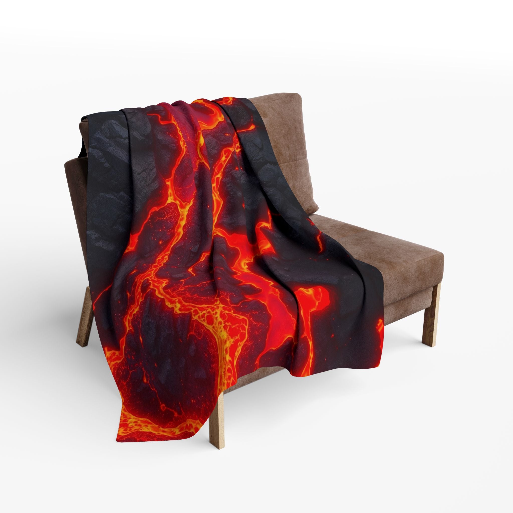 Blanket with fiery lava design draped over a chair on a white background.