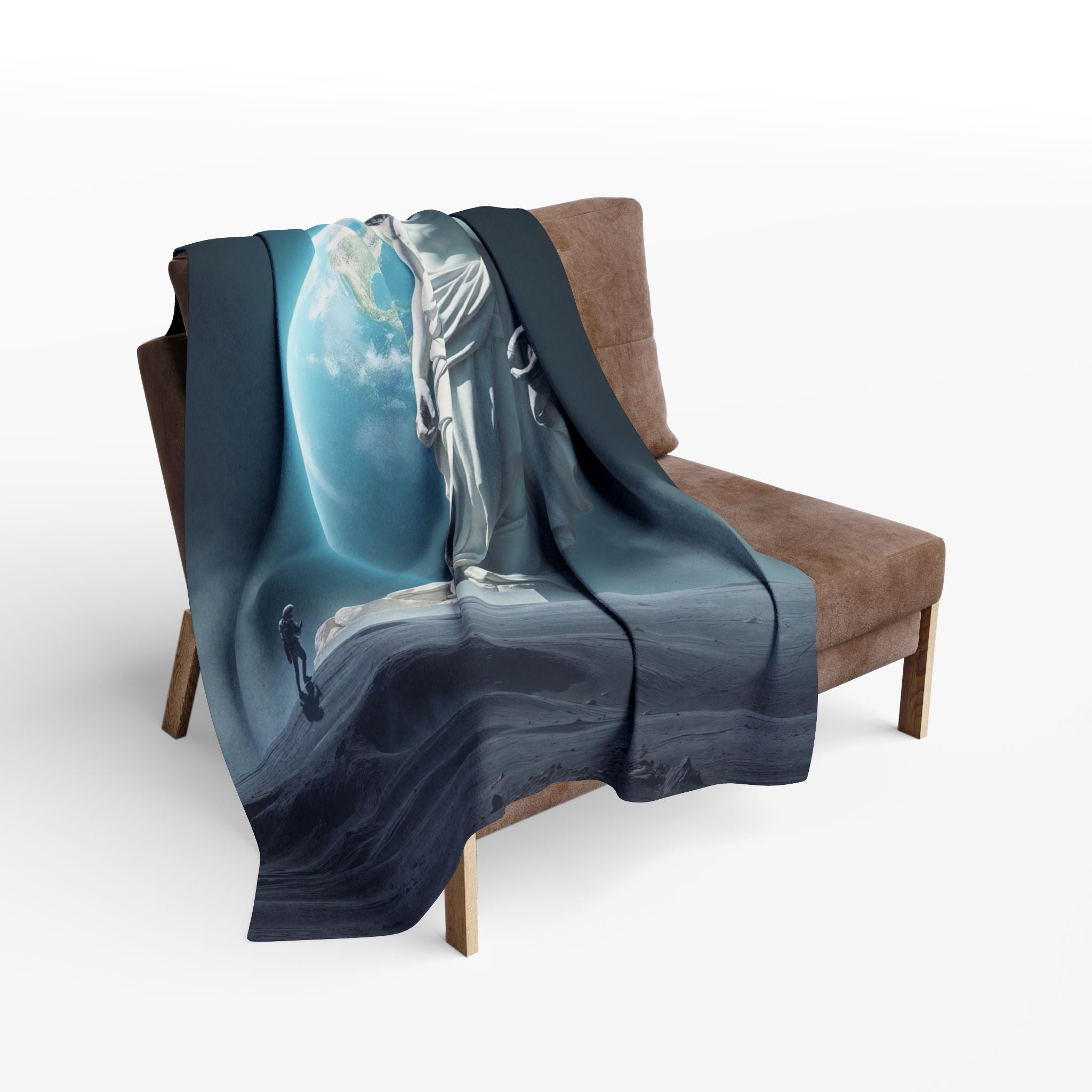 Decorative fleece blanket with a statue of ancient greek god zeus on the moon with an astronaut design draped over a brown chair on a white background.