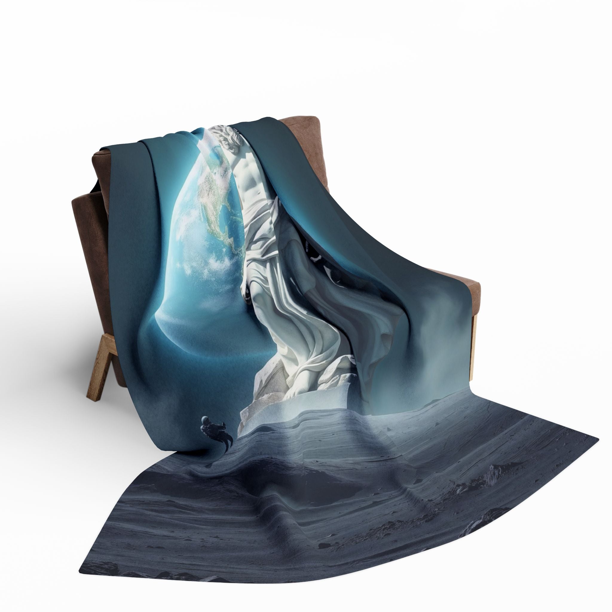 Statue of ancient greek god zeus on the moon with an astronaut with planet earth in the background fleece blanket draped over a chair on a white background.