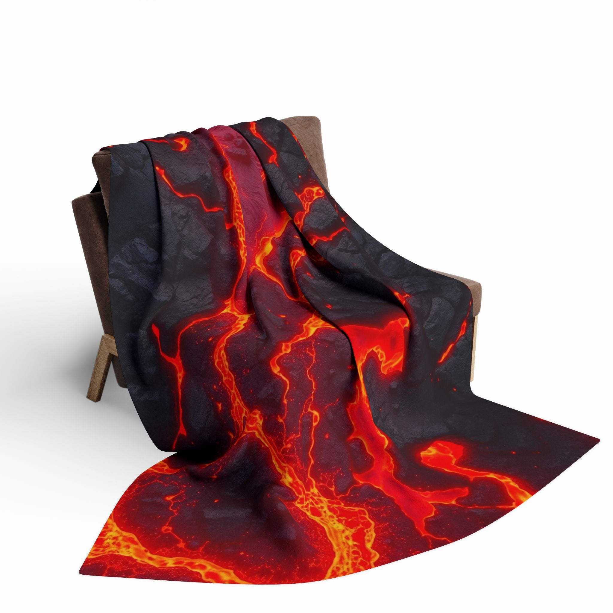Blanket with lava design draped over a chair on a white background.