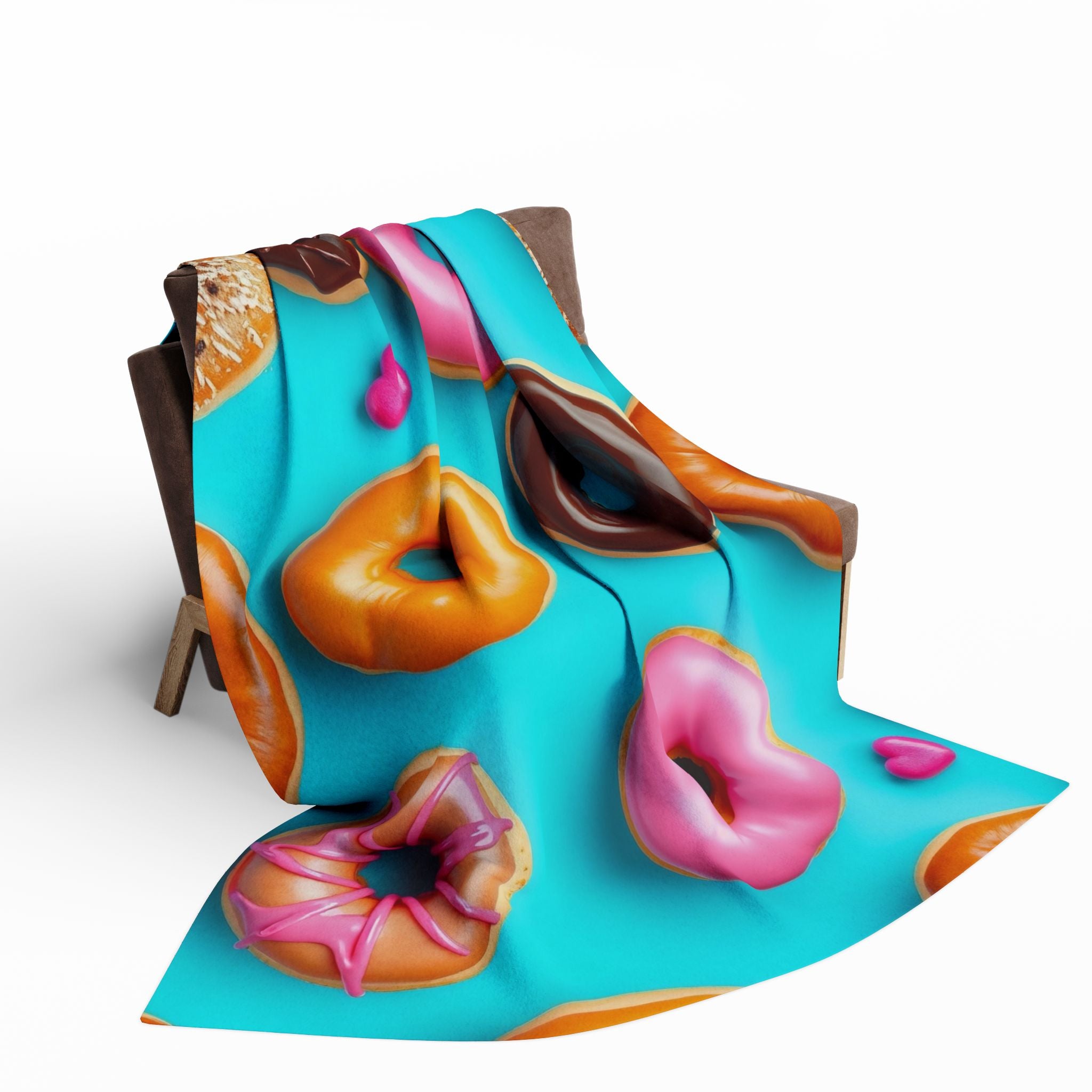 Colourful doughnut-themed blanket draped over a chair on a white background.