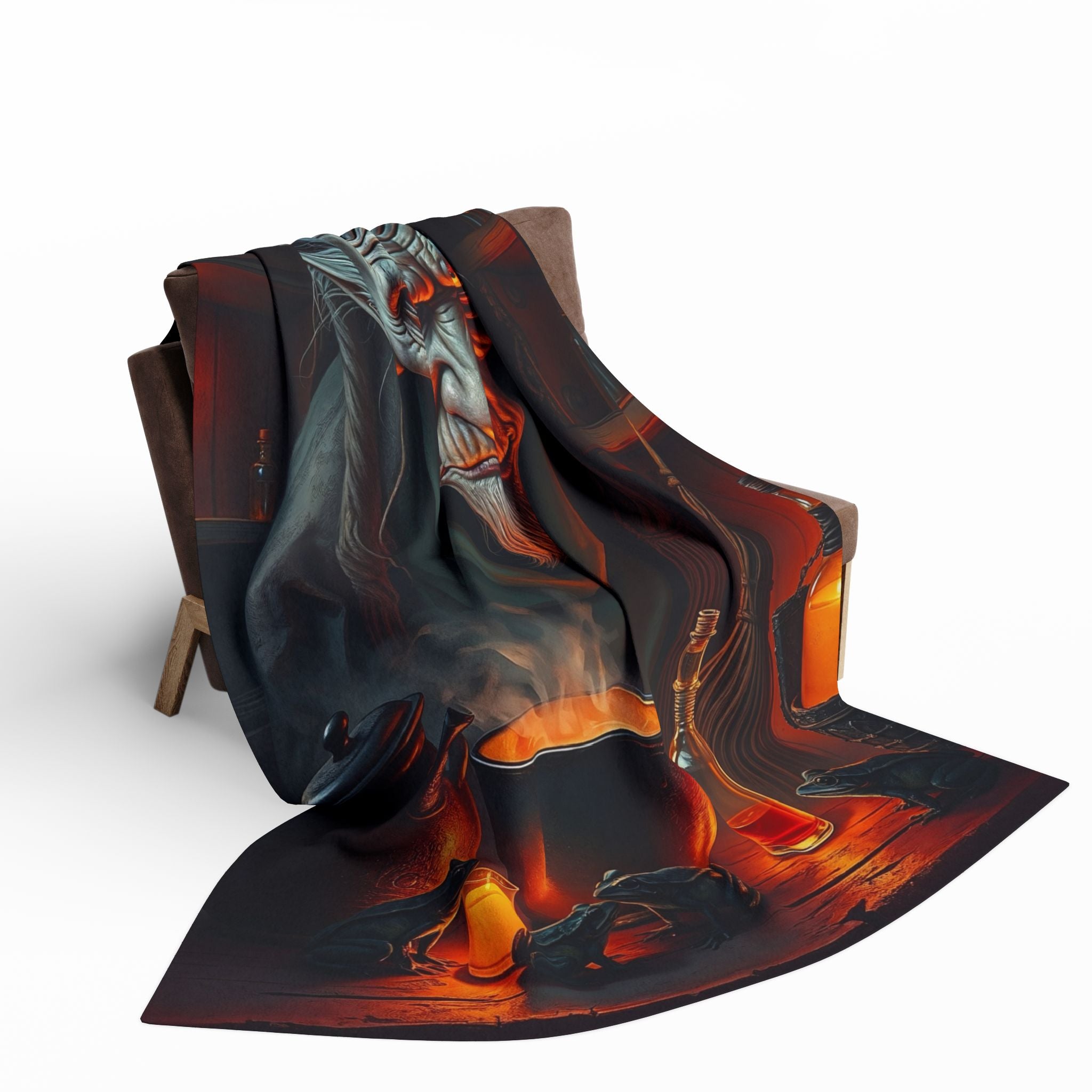 Decorative blanket with a fantasy warlock wizard design draped on a chair on a white background.