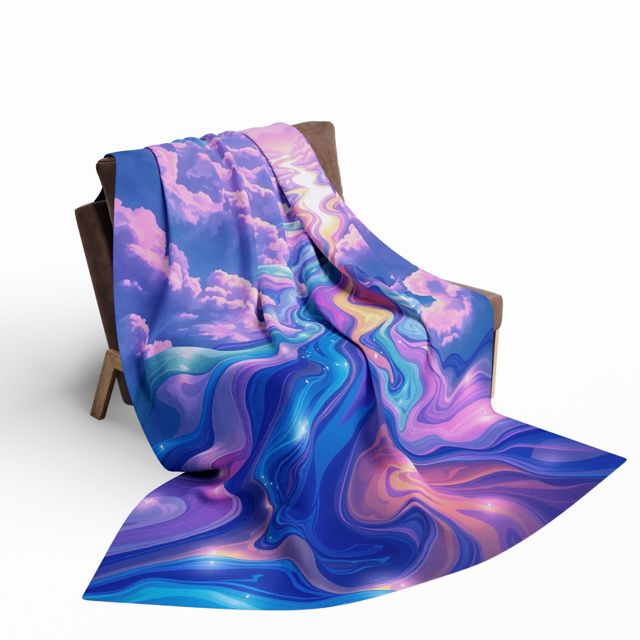 Colourful cloud patterned blanket draped over a chair on a white background.