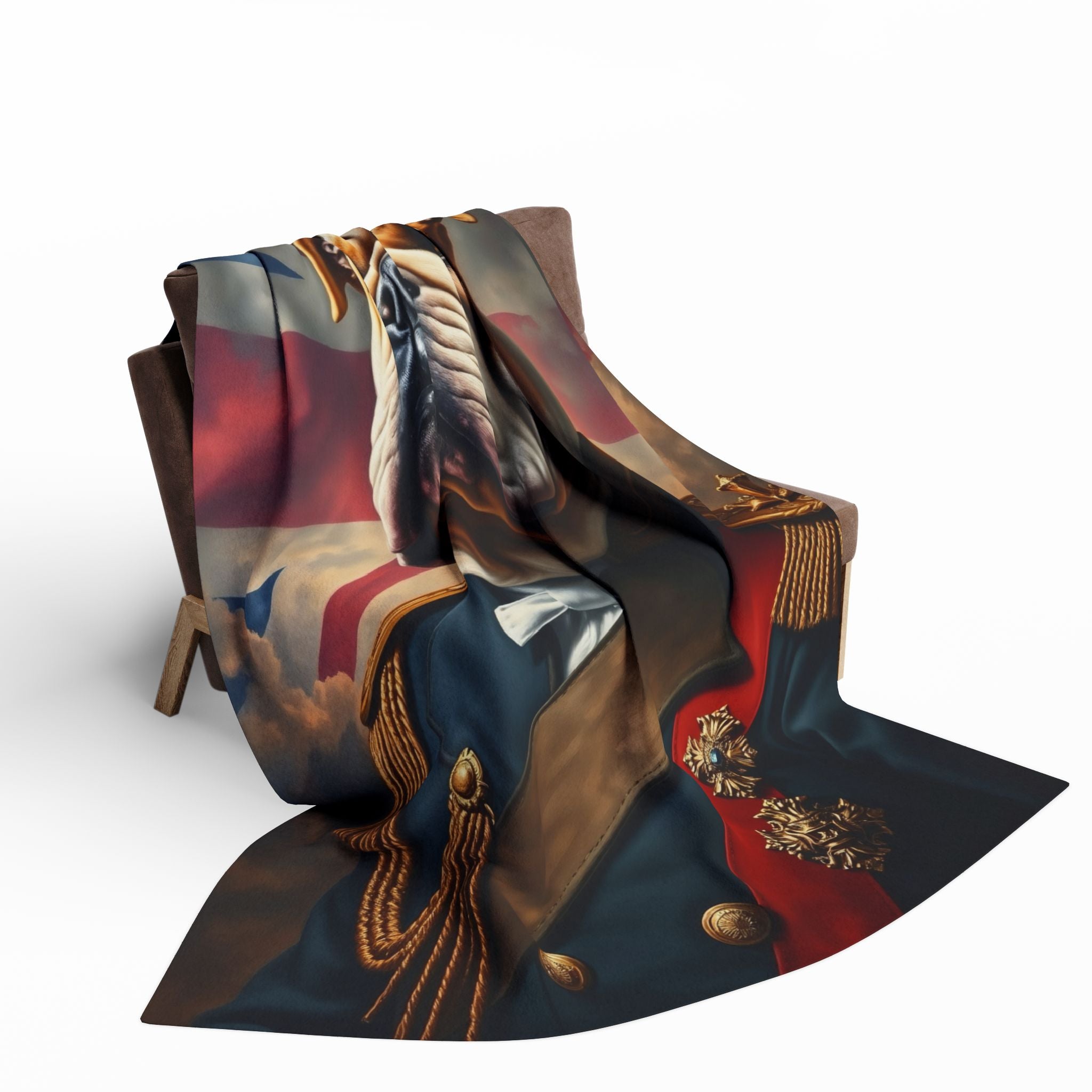 Fleece blanket with a British bulldog wearing a military uniform draped over a brown sofa on a white background.