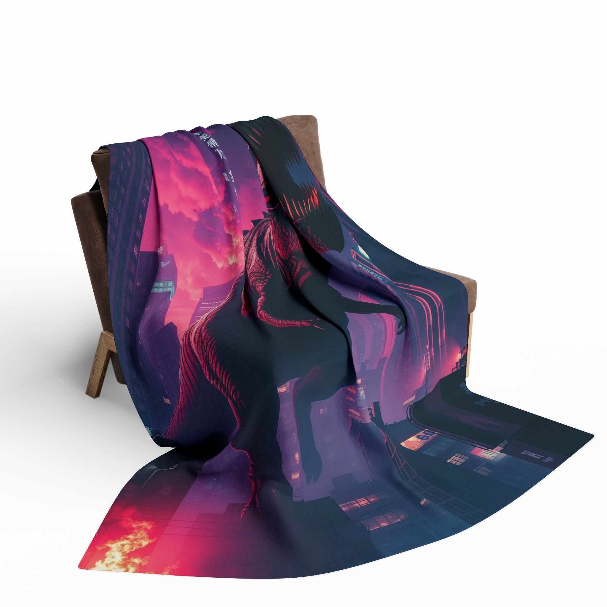 Neon Tokyo cityscape and T-Rex fleece blanket draped over a chair on a white background.