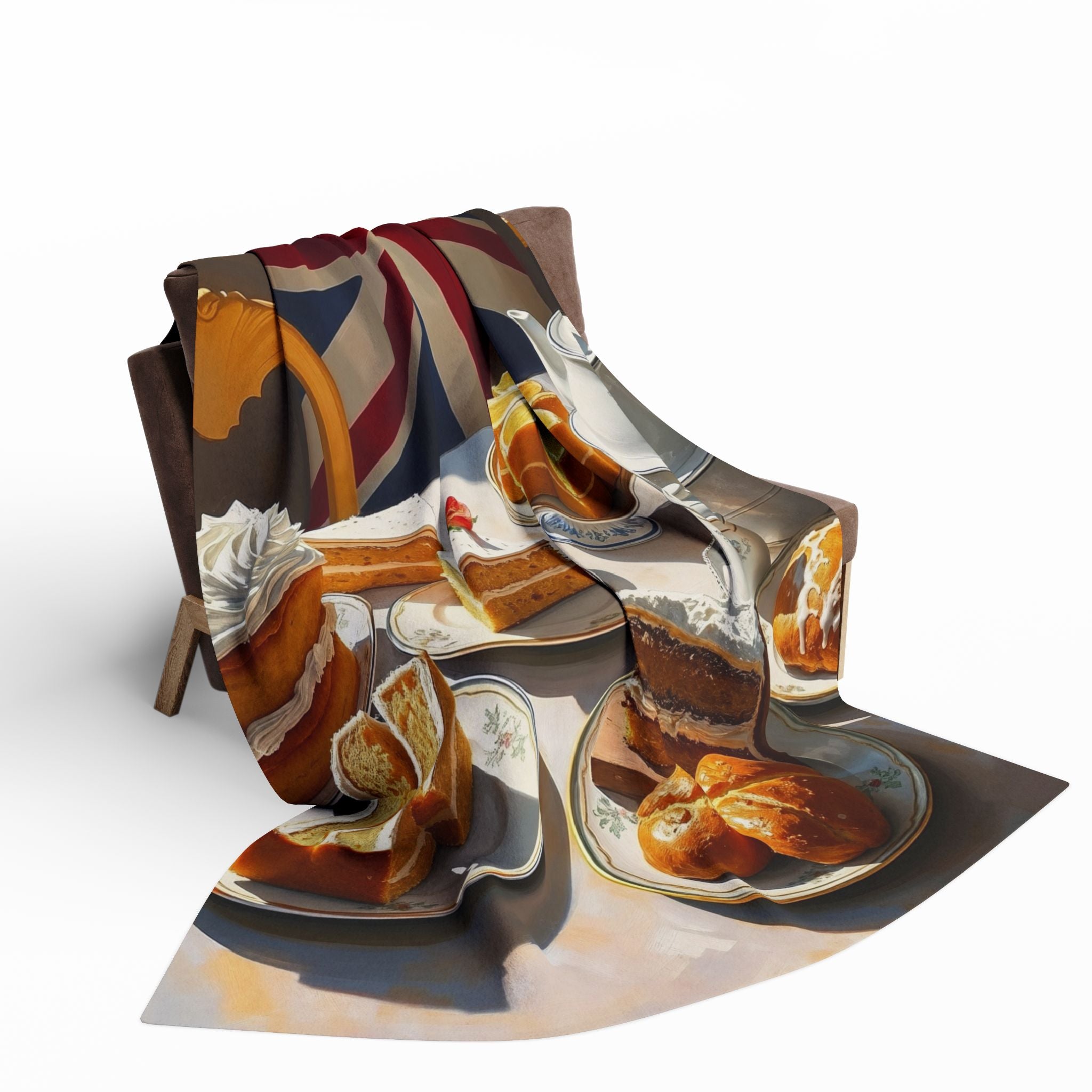 Decorative blanket with a pattern of pastries and plates on a white background