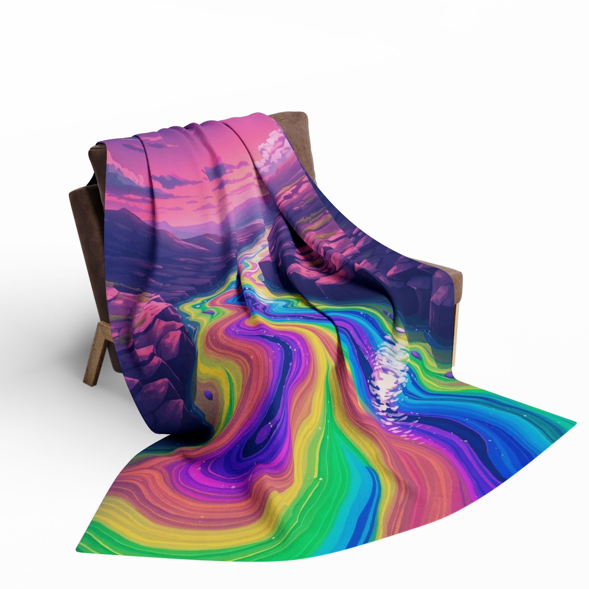 Colorful abstract rainbow patterned blanket draped over a chair on a white background.