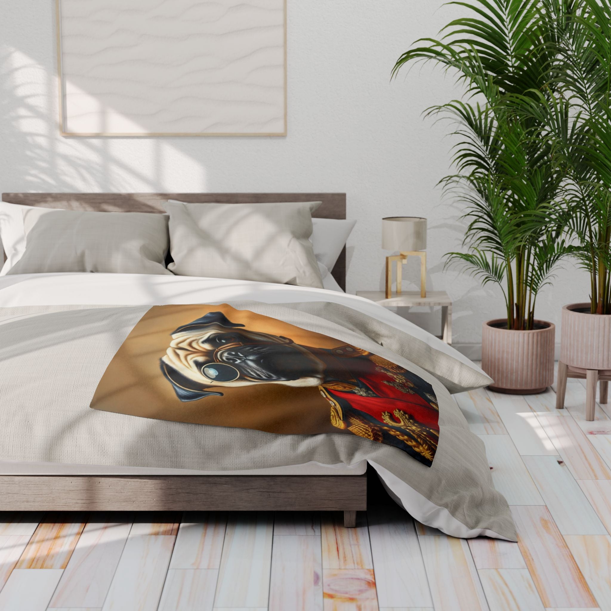 Bedroom with a bed featuring a decorative blanket with a pug dog in military uniform design, a lamp, and plants.