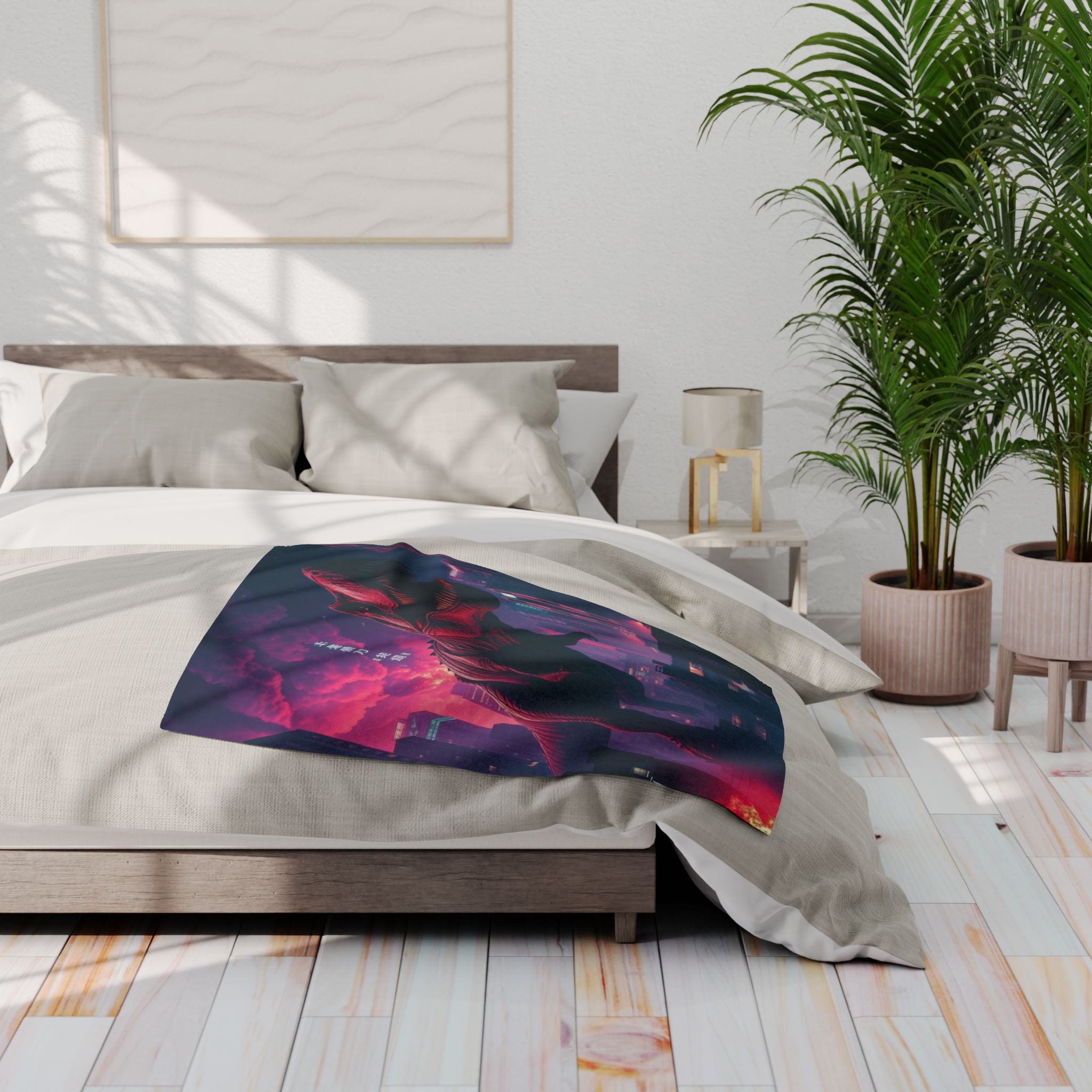 Neon Japan cityscape with T-Rex fleece  blanket on a bed in a bright bedroom with plants and a lamp.
