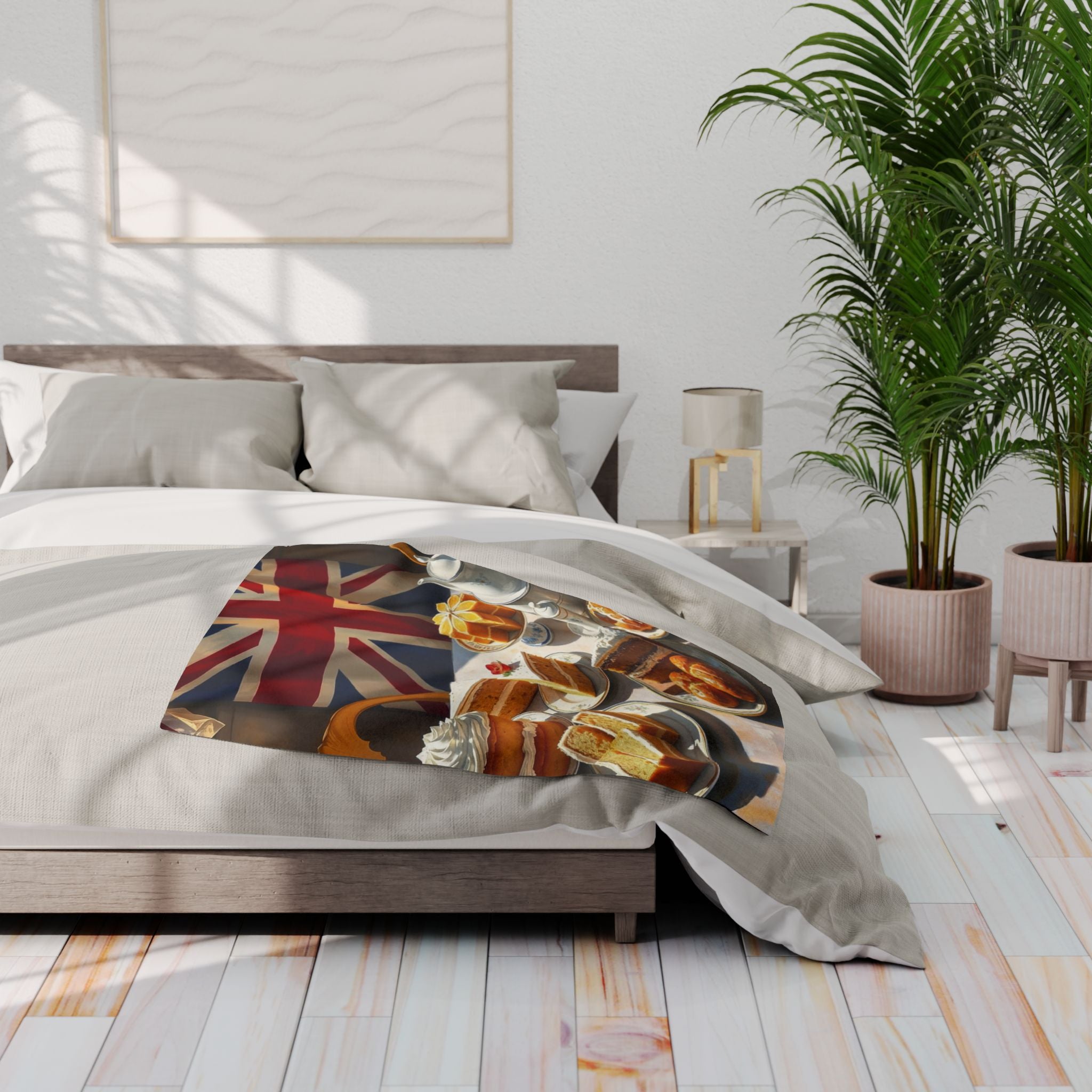 Bedroom with a bed featuring a Union Jack tea party design blanket