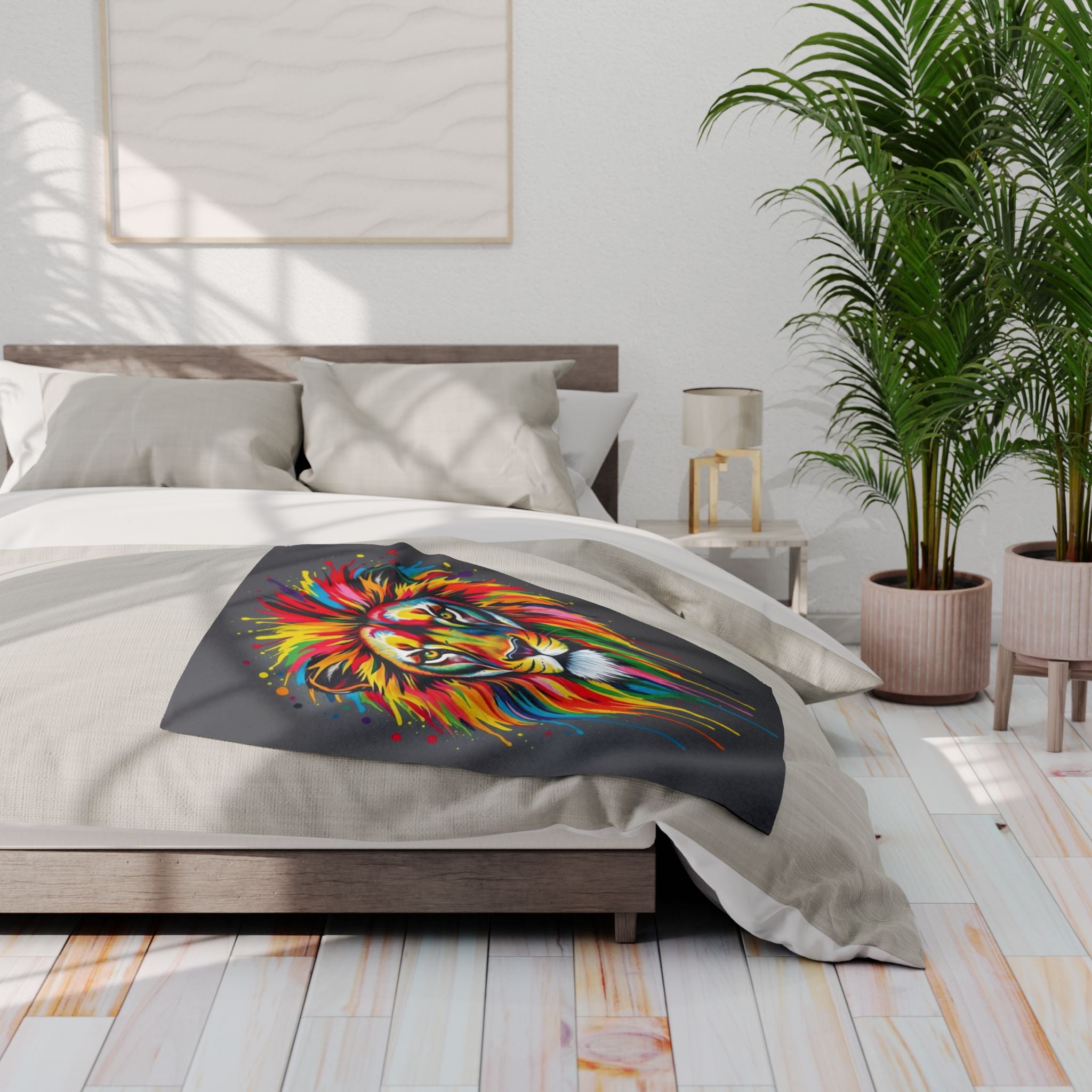 Multicoloured colourful lion design blanket on a bed in a bright bedroom with plants and decor.