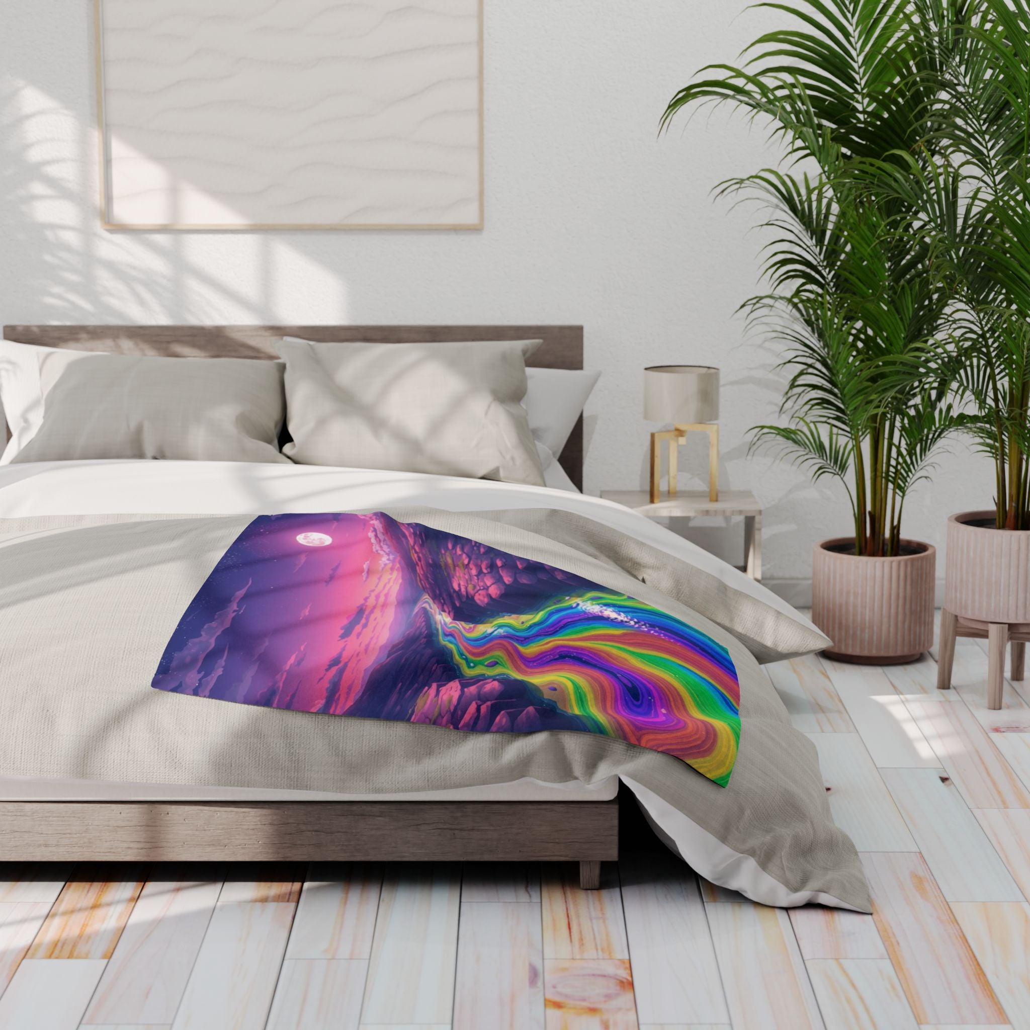 Bedroom with a rainbow river fleece blanket on a bedspread.