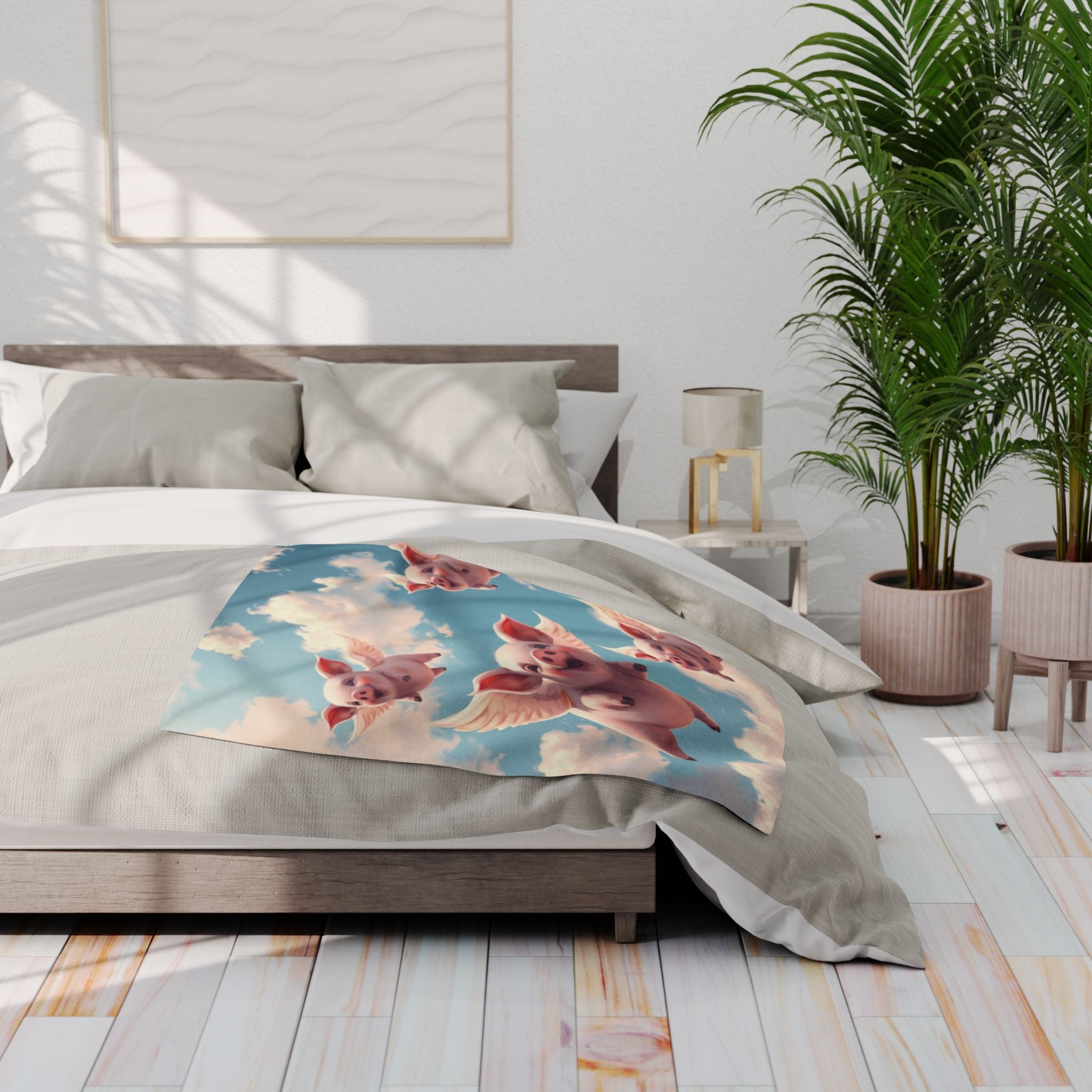 Bedroom with a bed featuring a cute flying pig blanket, nightstands, and plants.