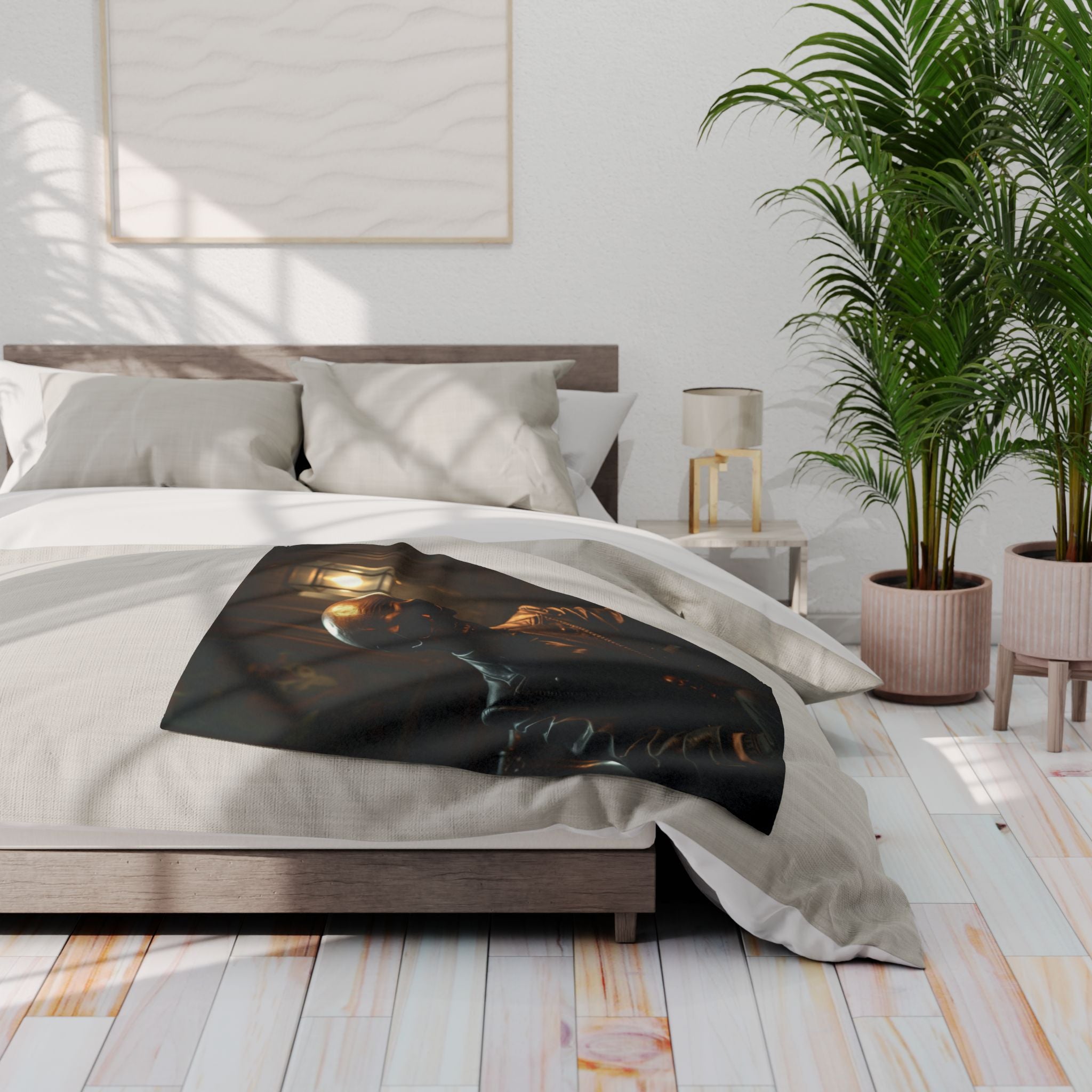 Bedroom with a bed featuring a black gothic skeleton blanket, nightstands, and plants.