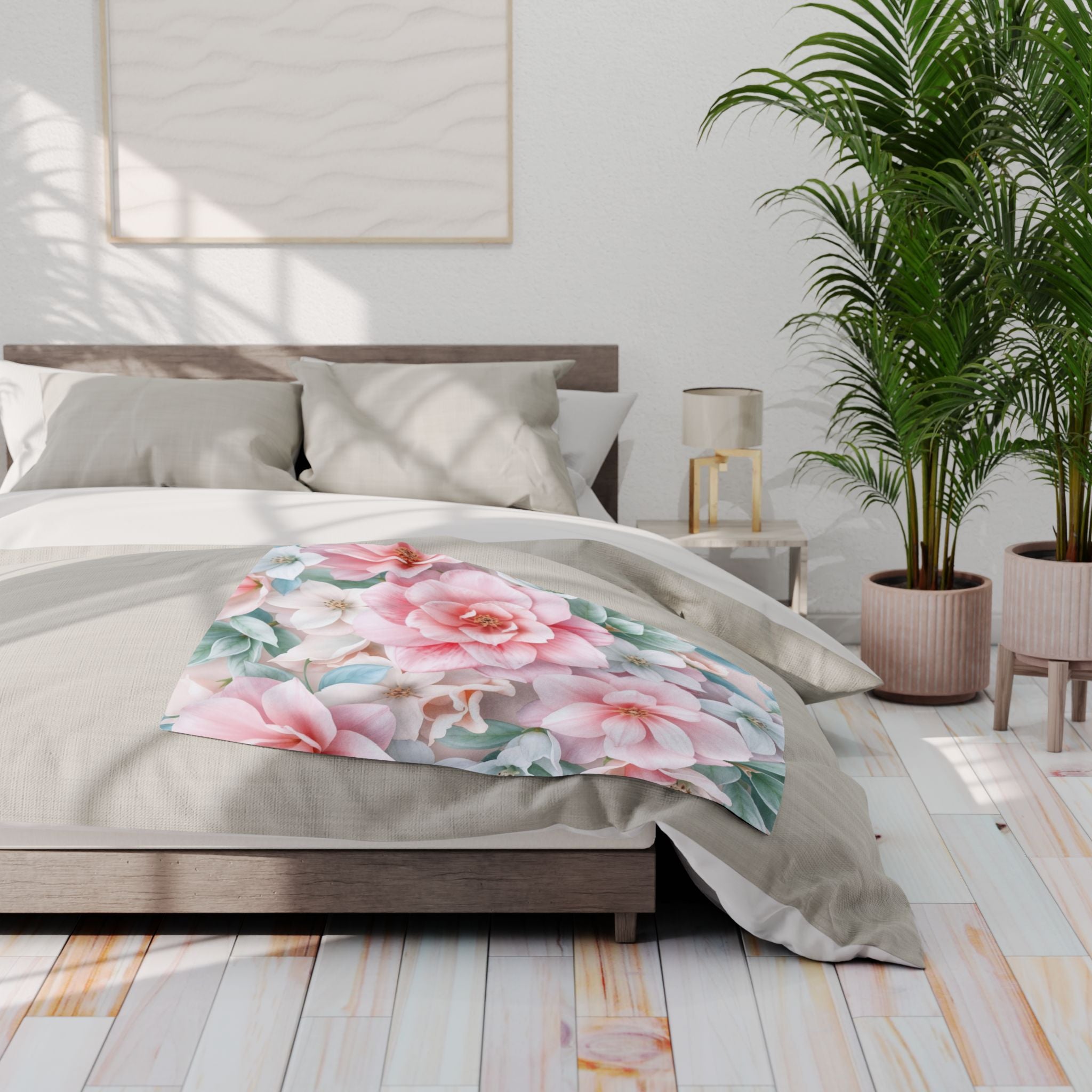 Bedroom with floral fleece blanket, nightstands, and plants.