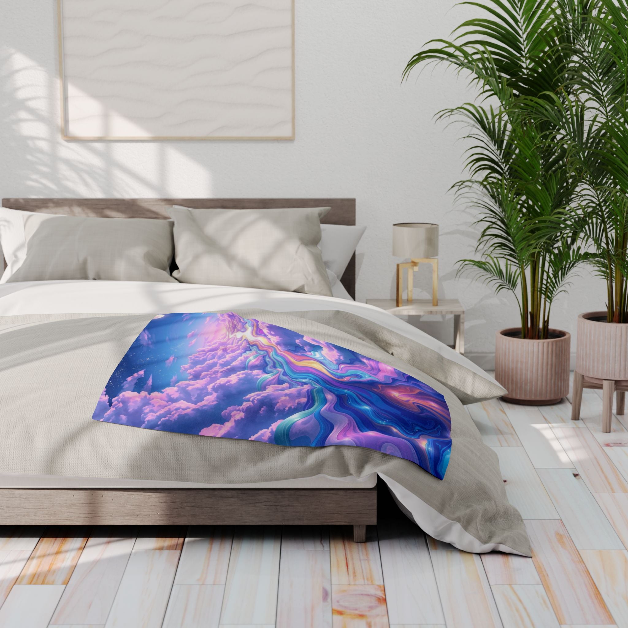 Bedroom with a bed featuring a colourful cloud patterned blanket.