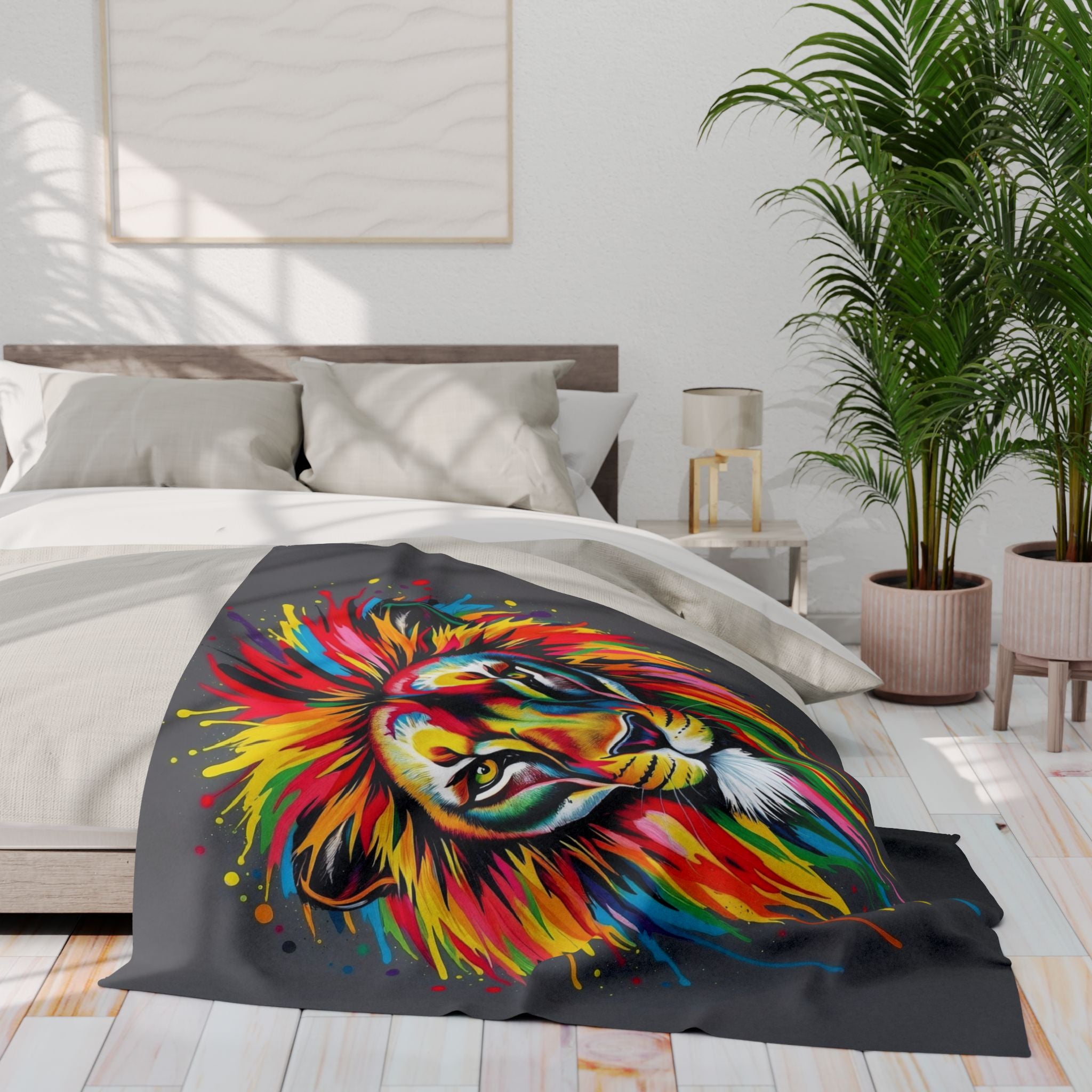 Multicoloured lion design blanket on a bed in a bright bedroom with plants.