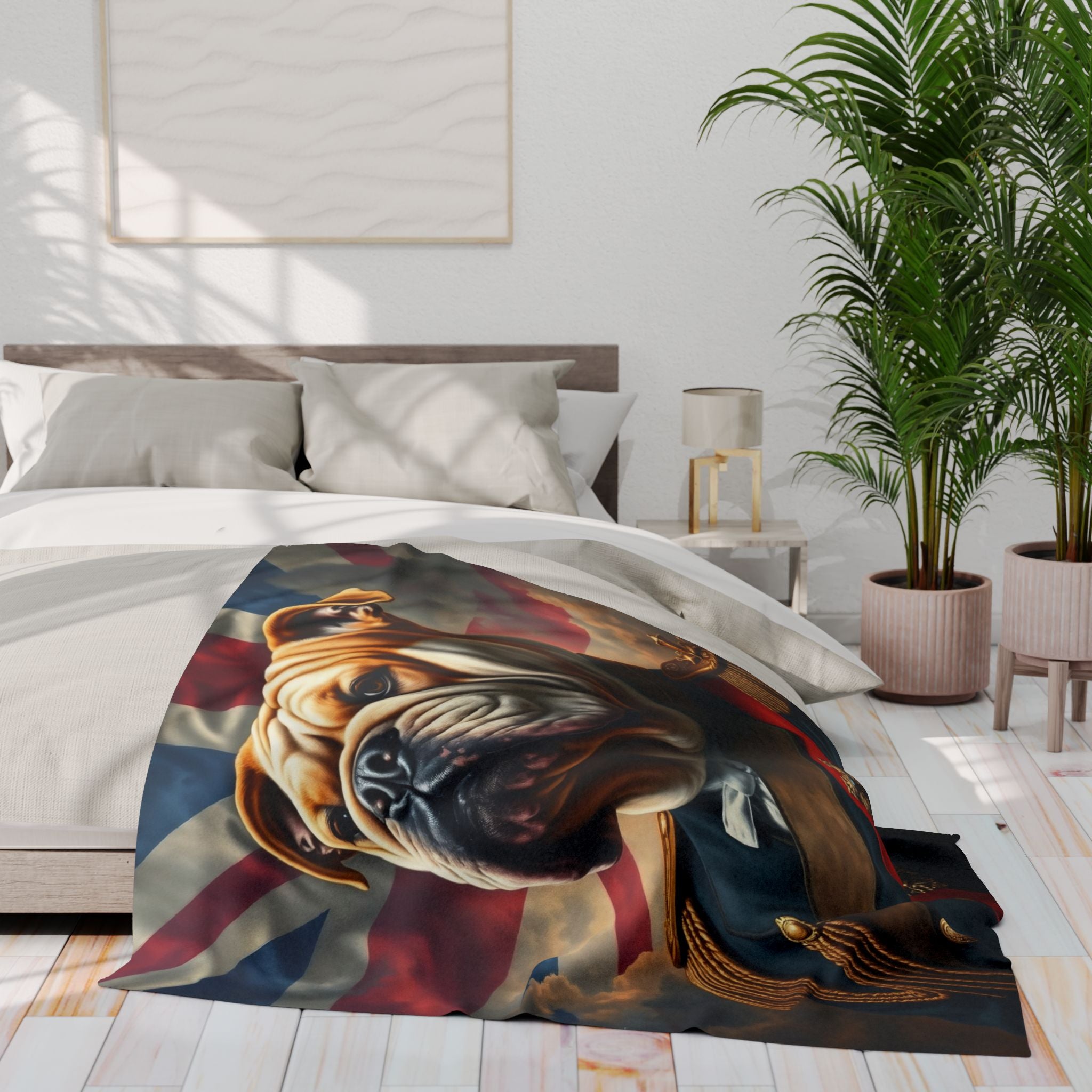 Bed with a decorative blanket featuring a British bulldog and British Union Jack flag design, in a bedroom setting.