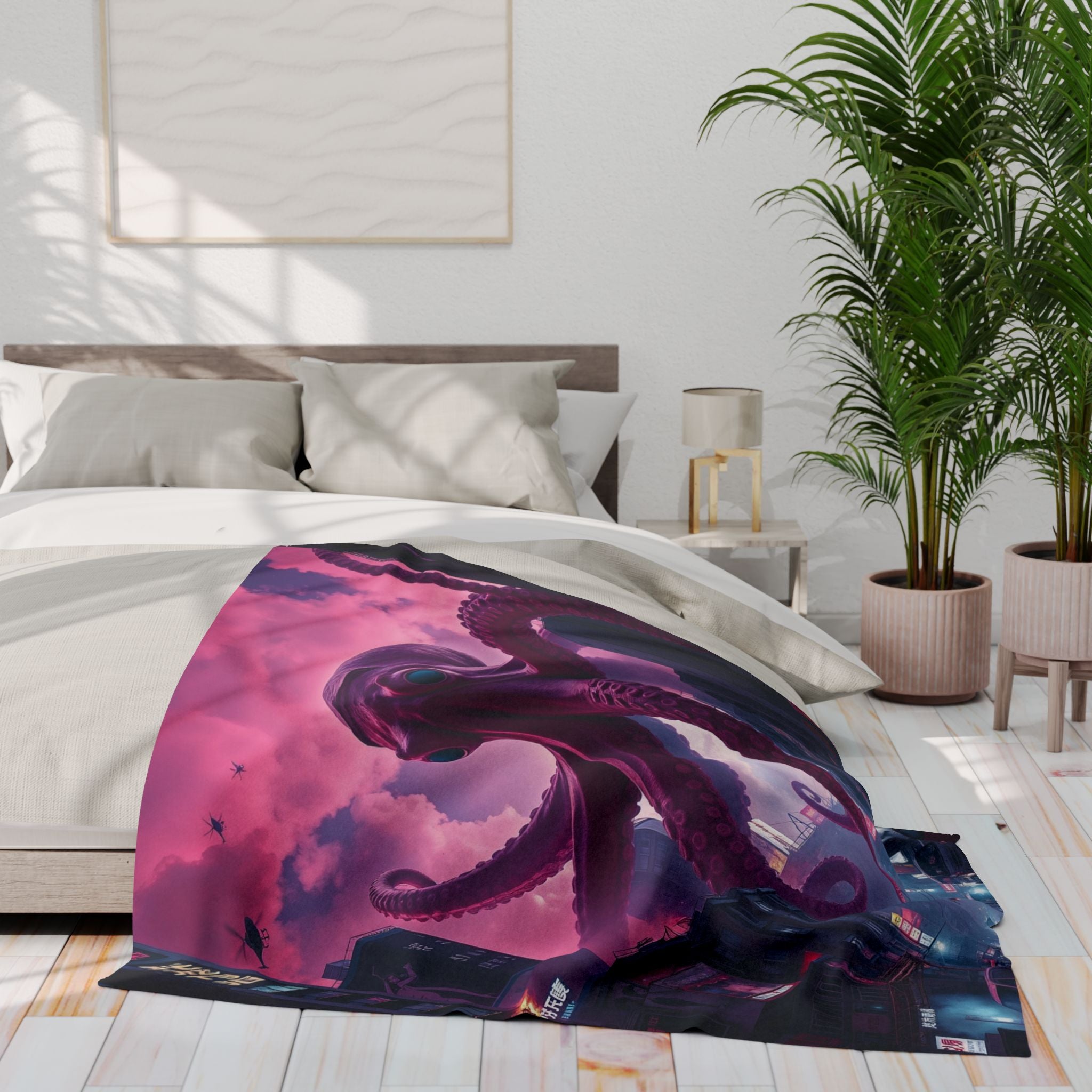 Octopus Attacks Downtown Tokyo City Blanket