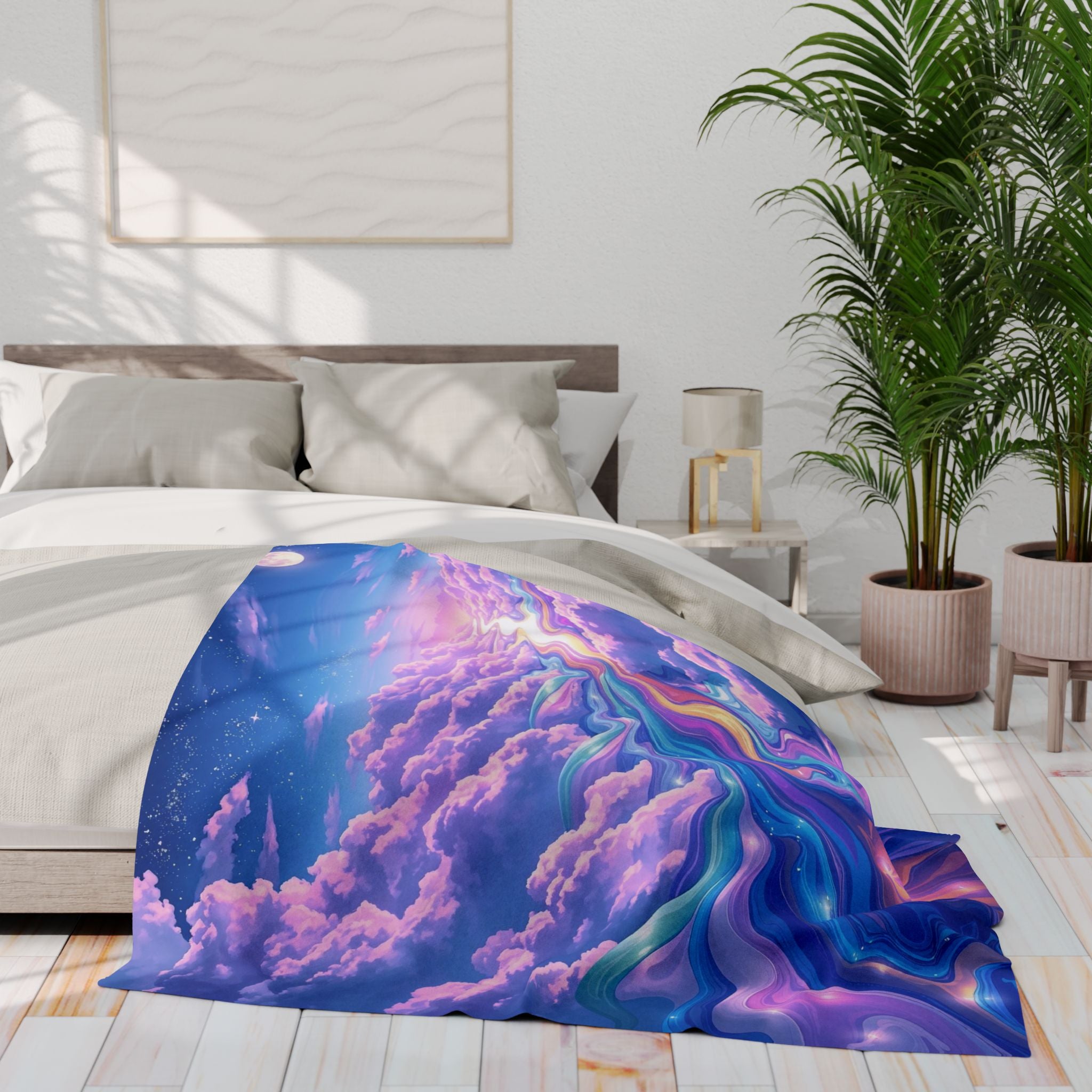 Colourful cloud patterned blanket on a bed in a bright bedroom with plants and decor.