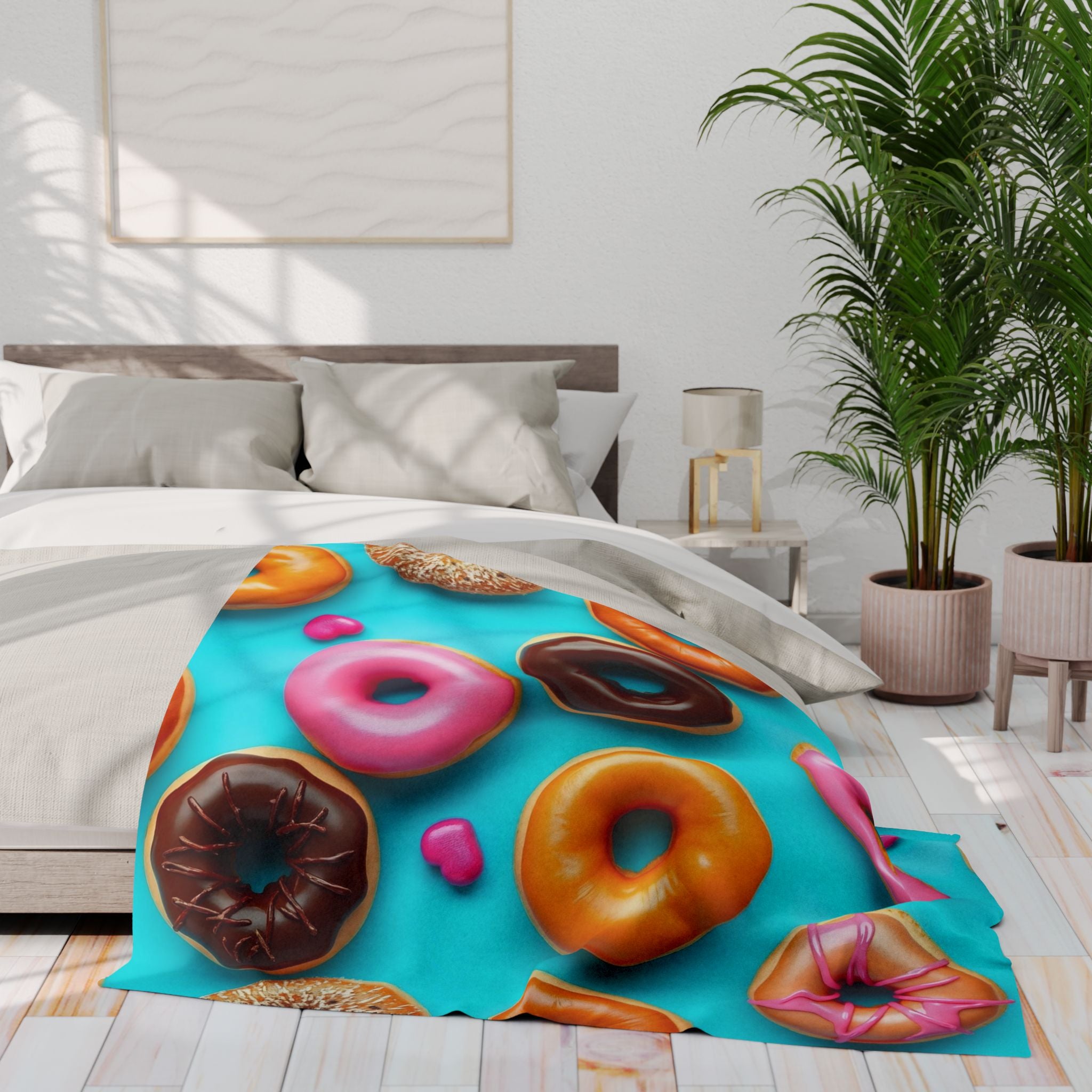 Bed with a colourful doughnut-patterned blanket in a bright bedroom.